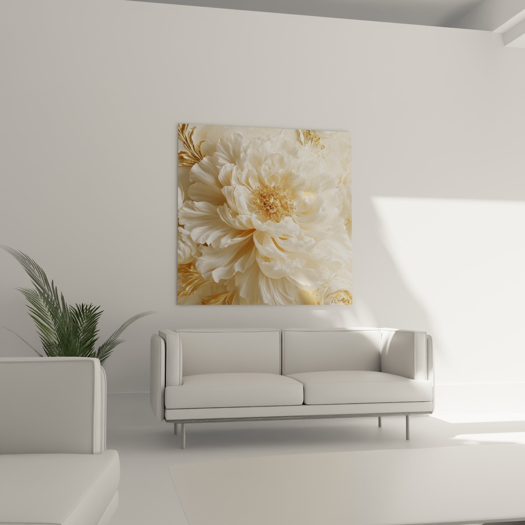 Corolle de pivoine crème et or déployée en volutes, placée au-dessus d'un canapé dans un salon lumineux