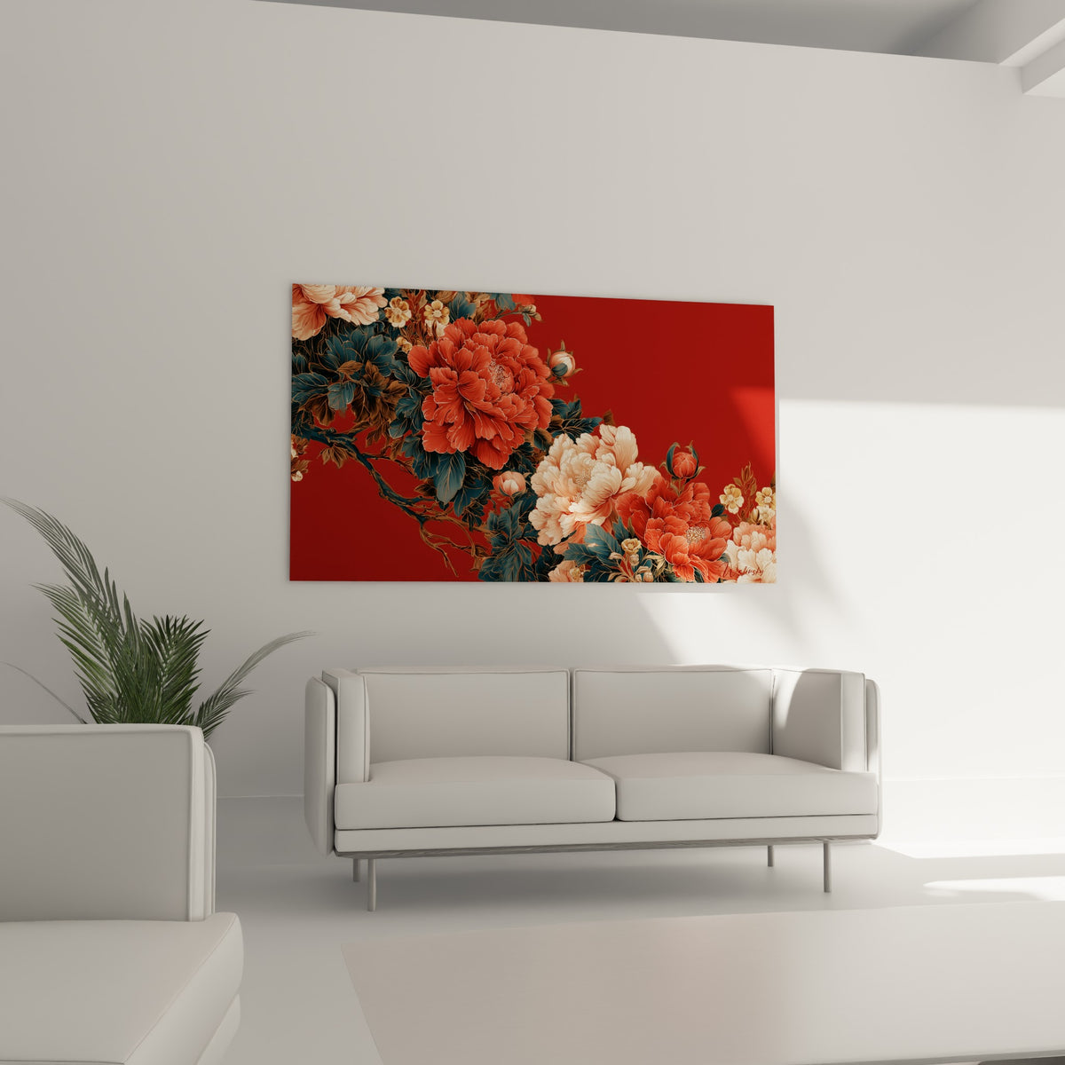 Fleurs de pivoine rouge et crème au-dessus d'un canapé dans un salon lumineux