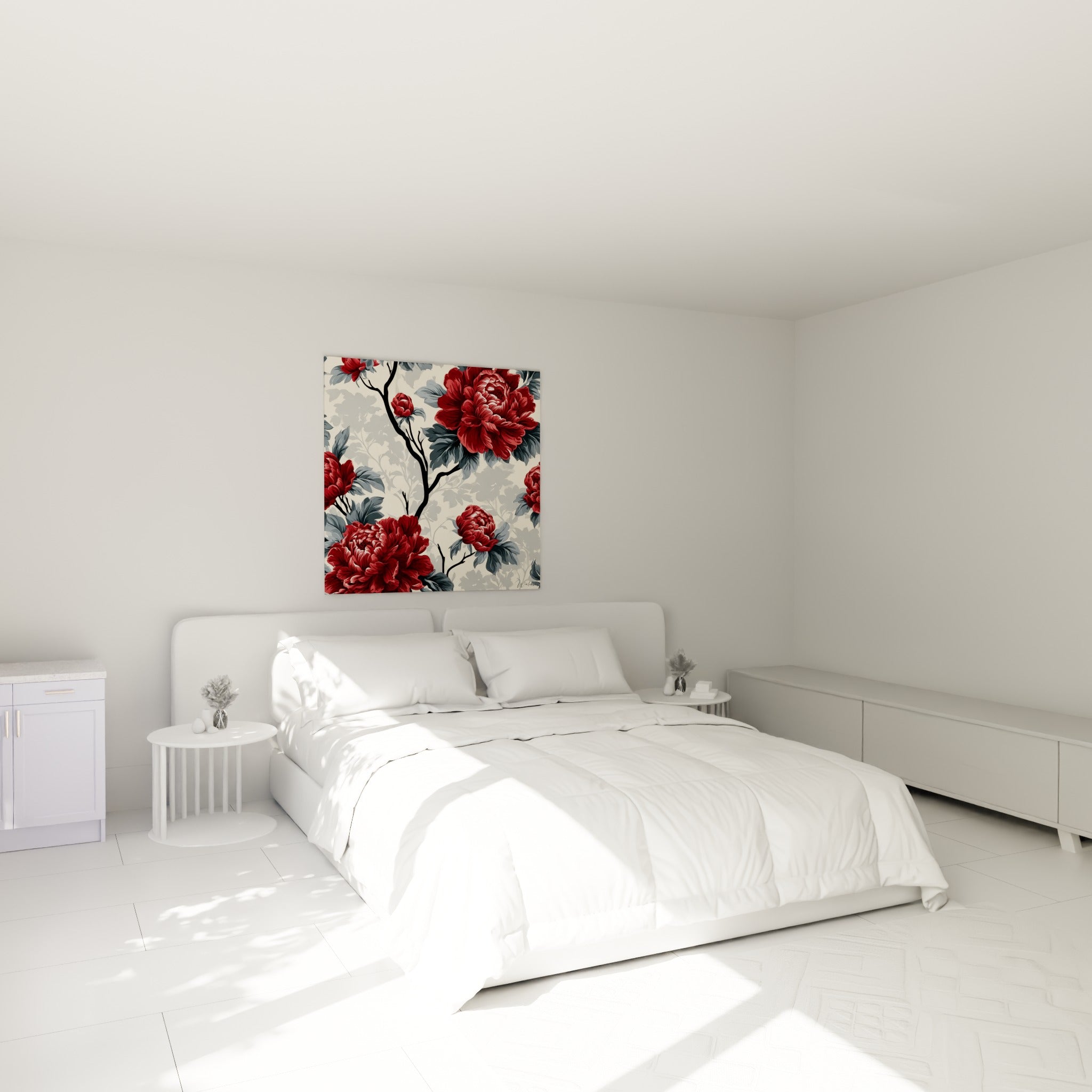 Fleurs de pivoine rouge et grises éclatantes accrochées au-dessus d'un lit dans une chambre claire