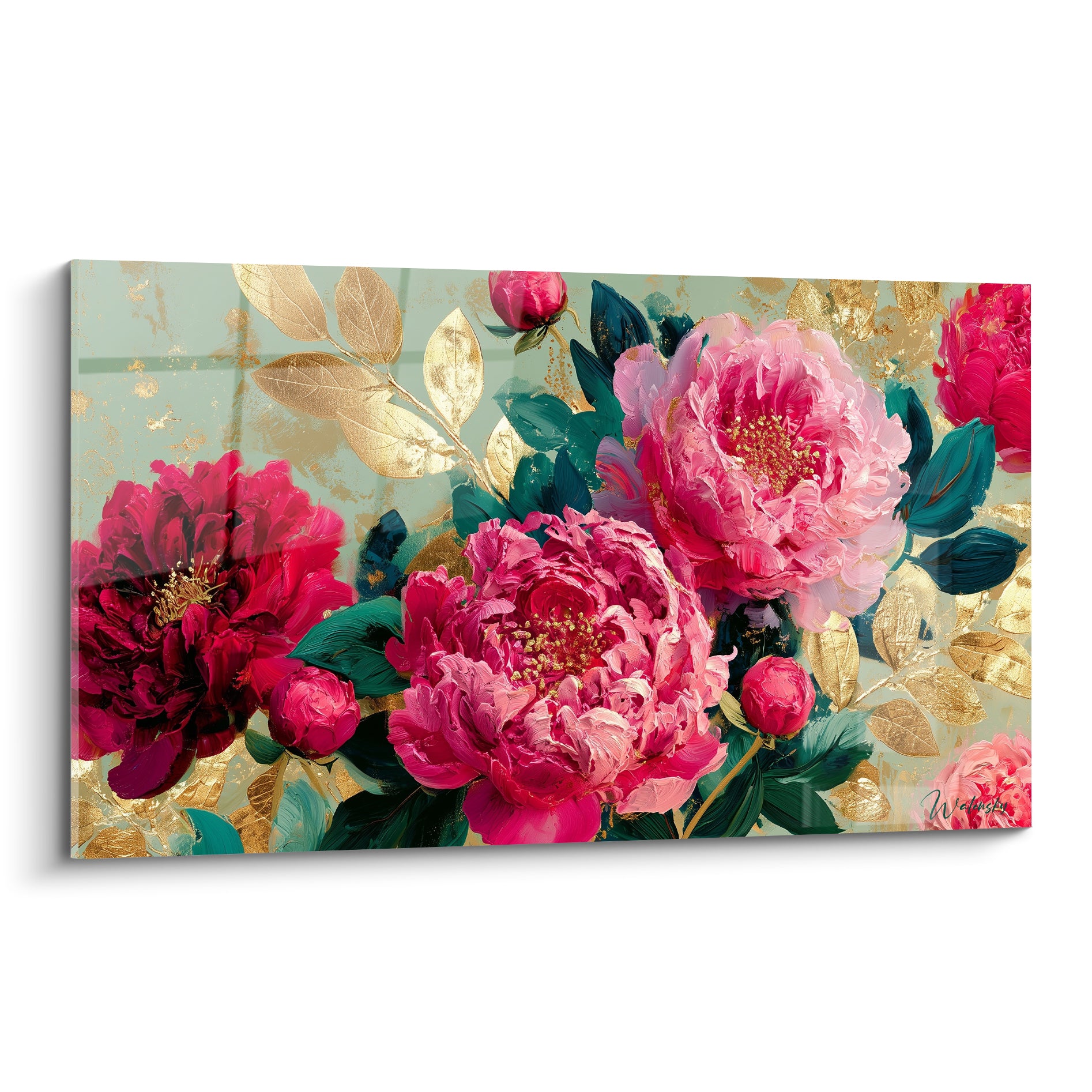 Pivoines fuchsia et roses aux cœurs dorés sur fond vert sauge patiné, feuillage doré peint