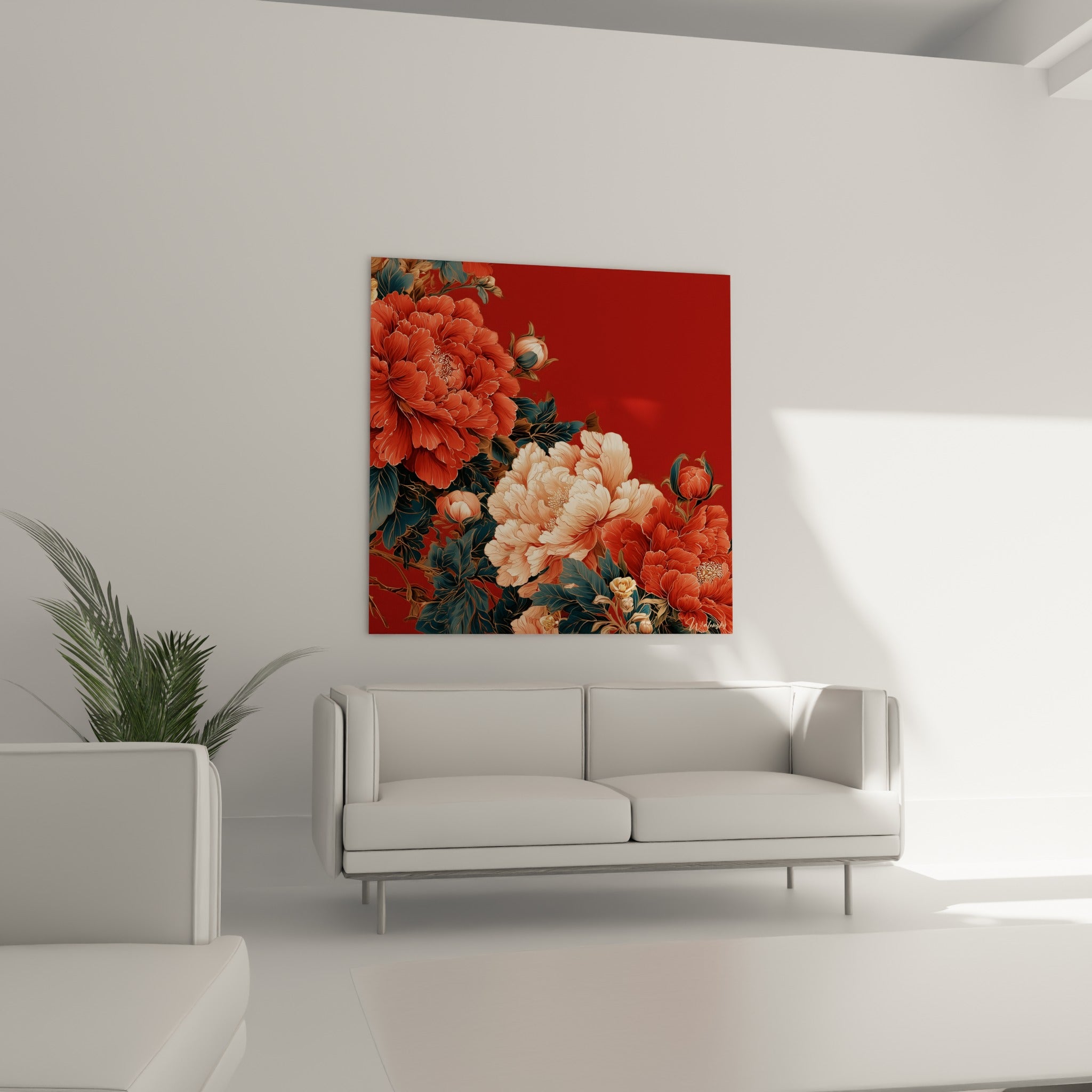 Pétales de pivoines corail et bleu pétrole disposés au-dessus d'un canapé dans un salon lumineux