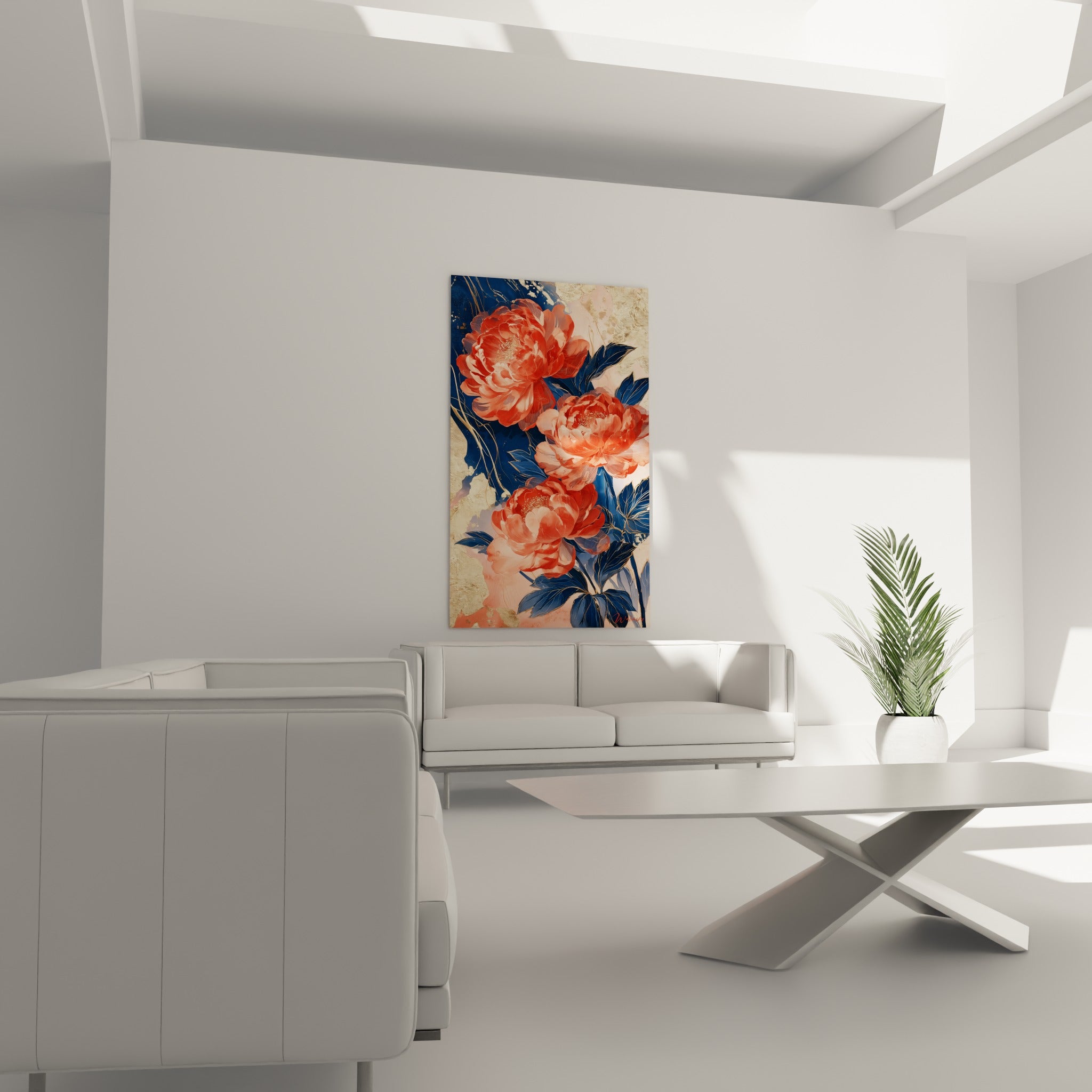 Fleurs de pivoine corail et dorées accrochées au-dessus d'un canapé dans un salon lumineux