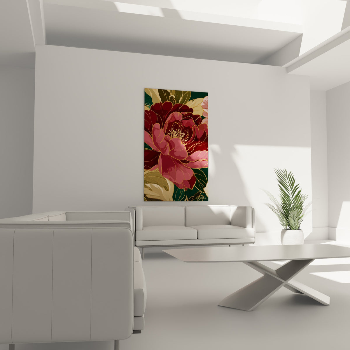 Corolle de pivoine rose et bordeaux nervurée d'or, suspendue au-dessus d'un canapé dans un salon lumineux