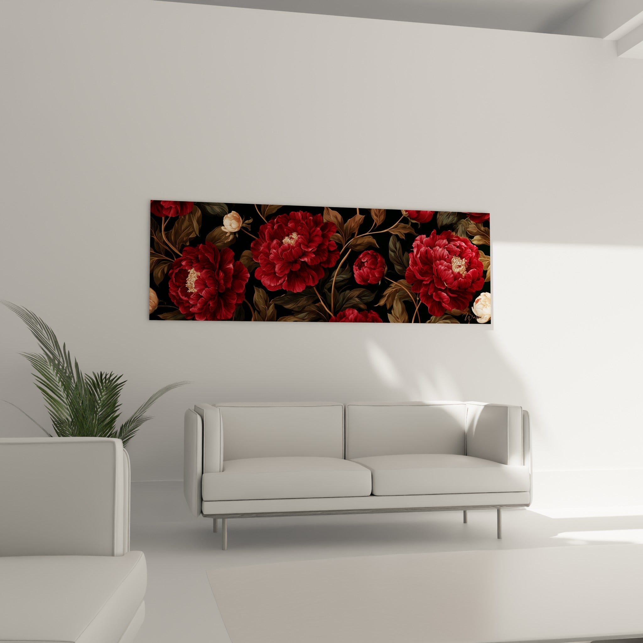 Fleurs de pivoine pourpres et boutons crème disposés au-dessus d'un canapé dans un salon lumineux