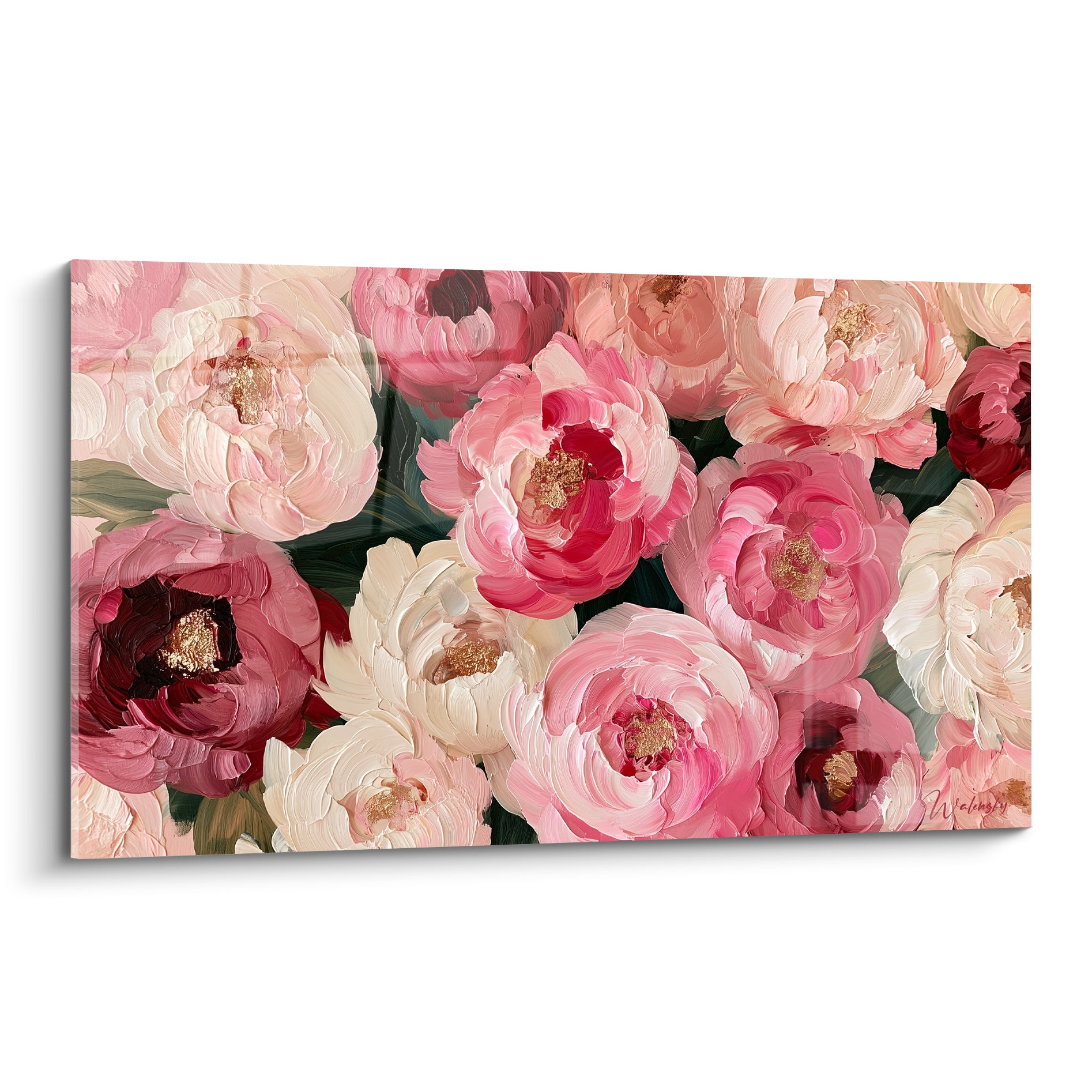 Pivoines roses, bordeaux et crème aux cœurs dorés, peinture à empâtements épais et texturés