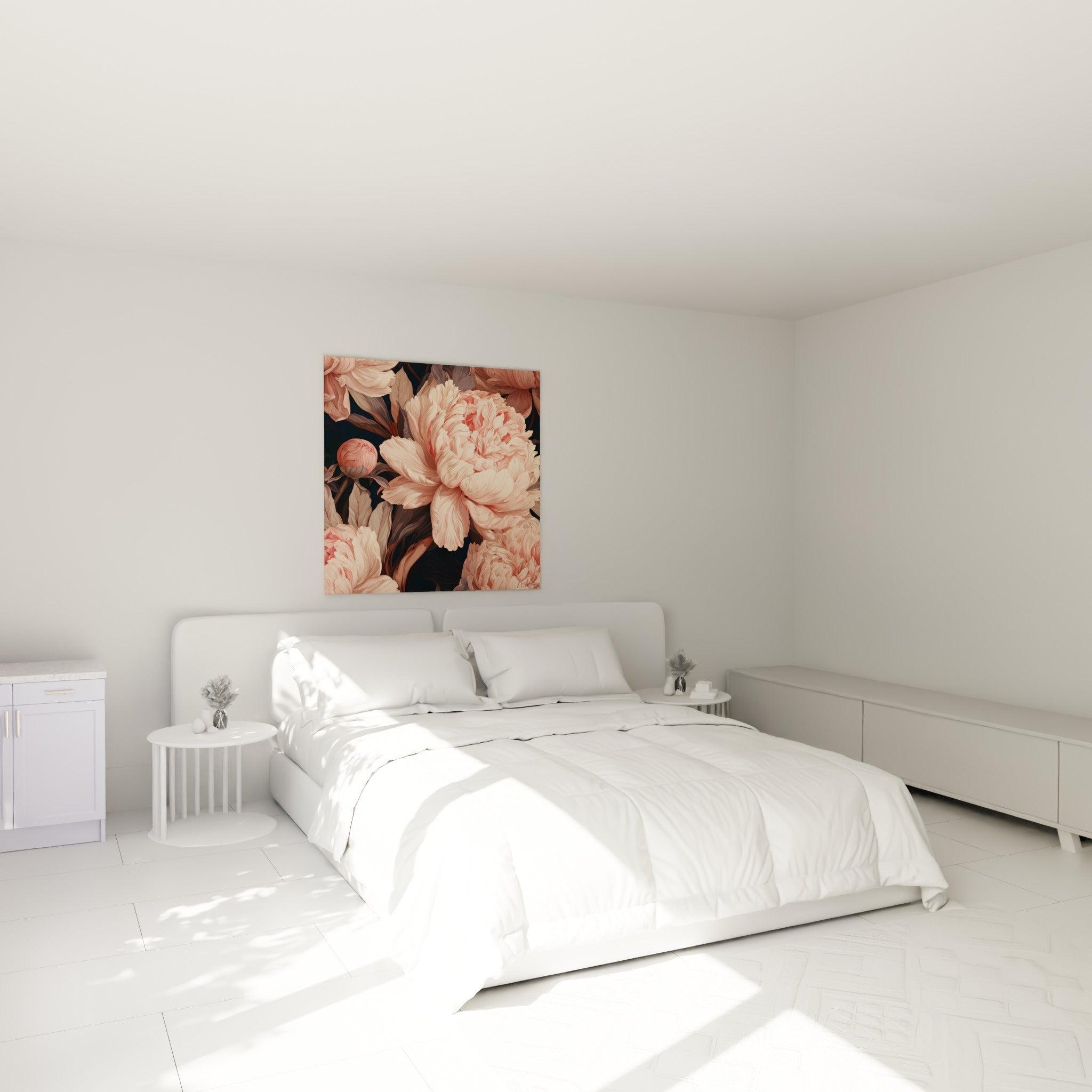 Pivoine rose pâle et bleu marine, pétales ondulés, au-dessus d'un lit dans une chambre claire