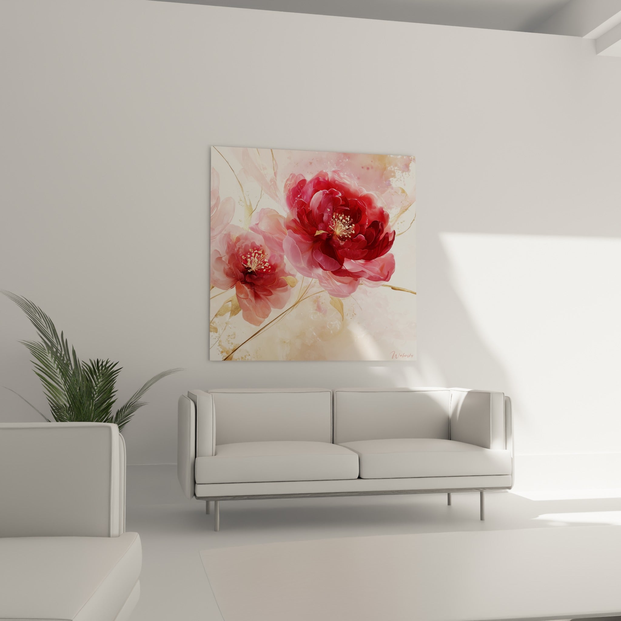 Fleurs de pivoine rose pâle et rouge carmin ornées d'or, au-dessus d'un canapé dans un salon lumineux