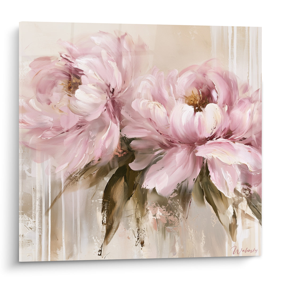 Pivoines roses et blanches aux feuilles brun-vert, peinture texturée sur fond beige sable