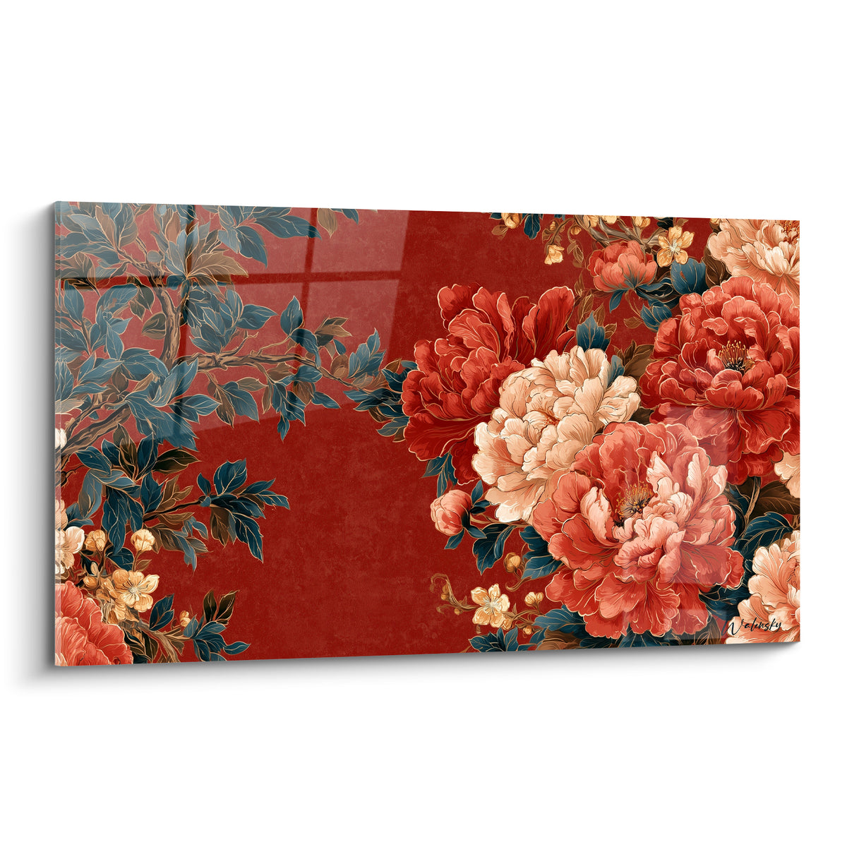 Pivoines rouge carmin et bleu pétrole en pleine floraison sur fond patiné, style estampe raffinée