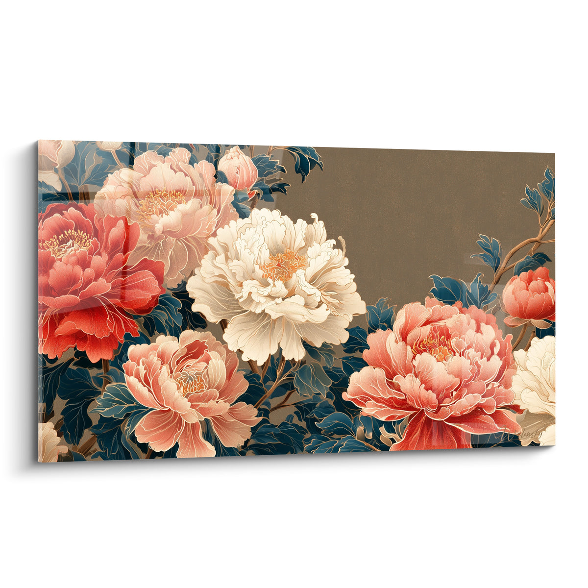 Pivoines rouges et ivoire aux pétales déployés sur fond taupe, feuillage bleu marine