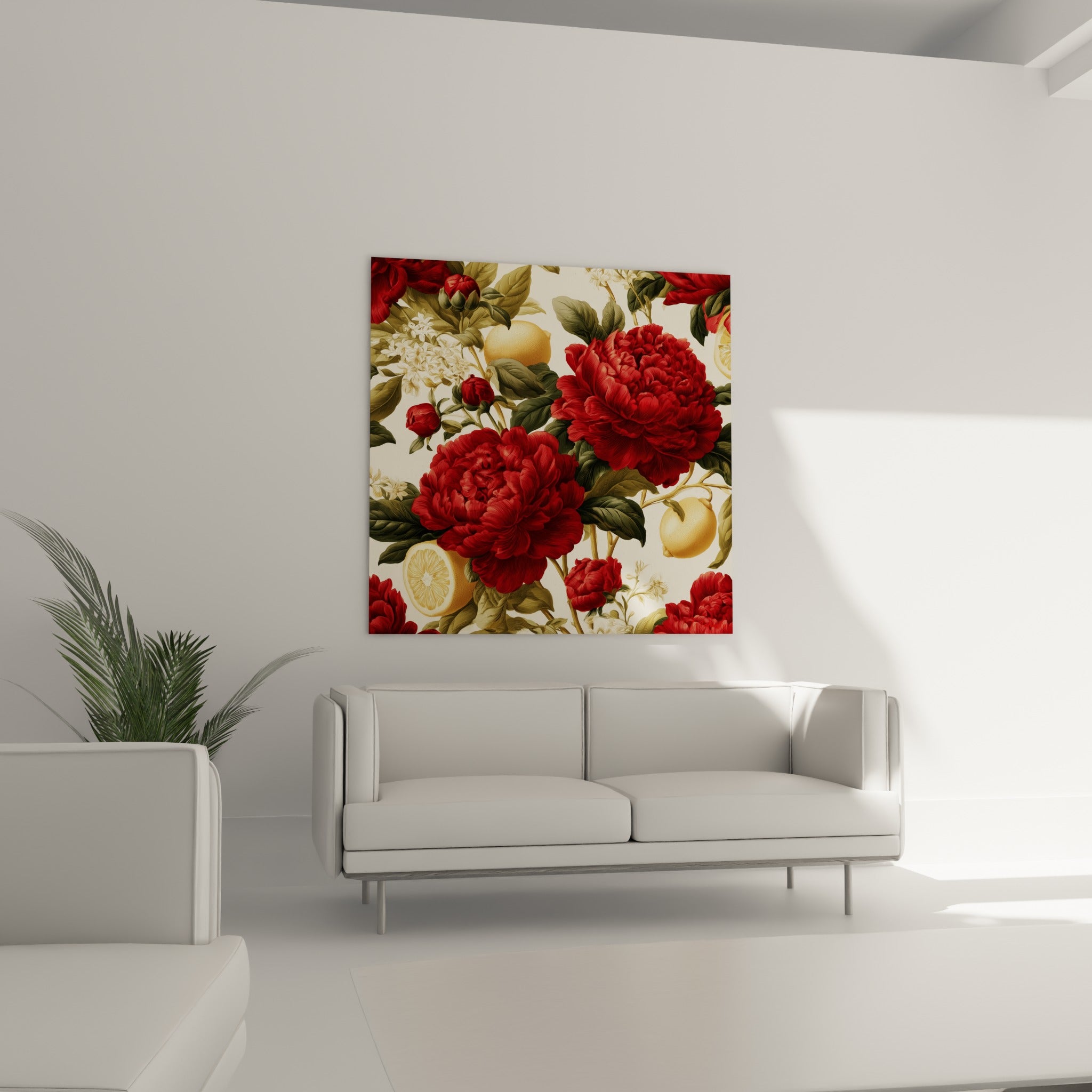 Fleurs rouges profondes et agrumes dorés positionnés au-dessus d'un canapé dans un salon lumineux