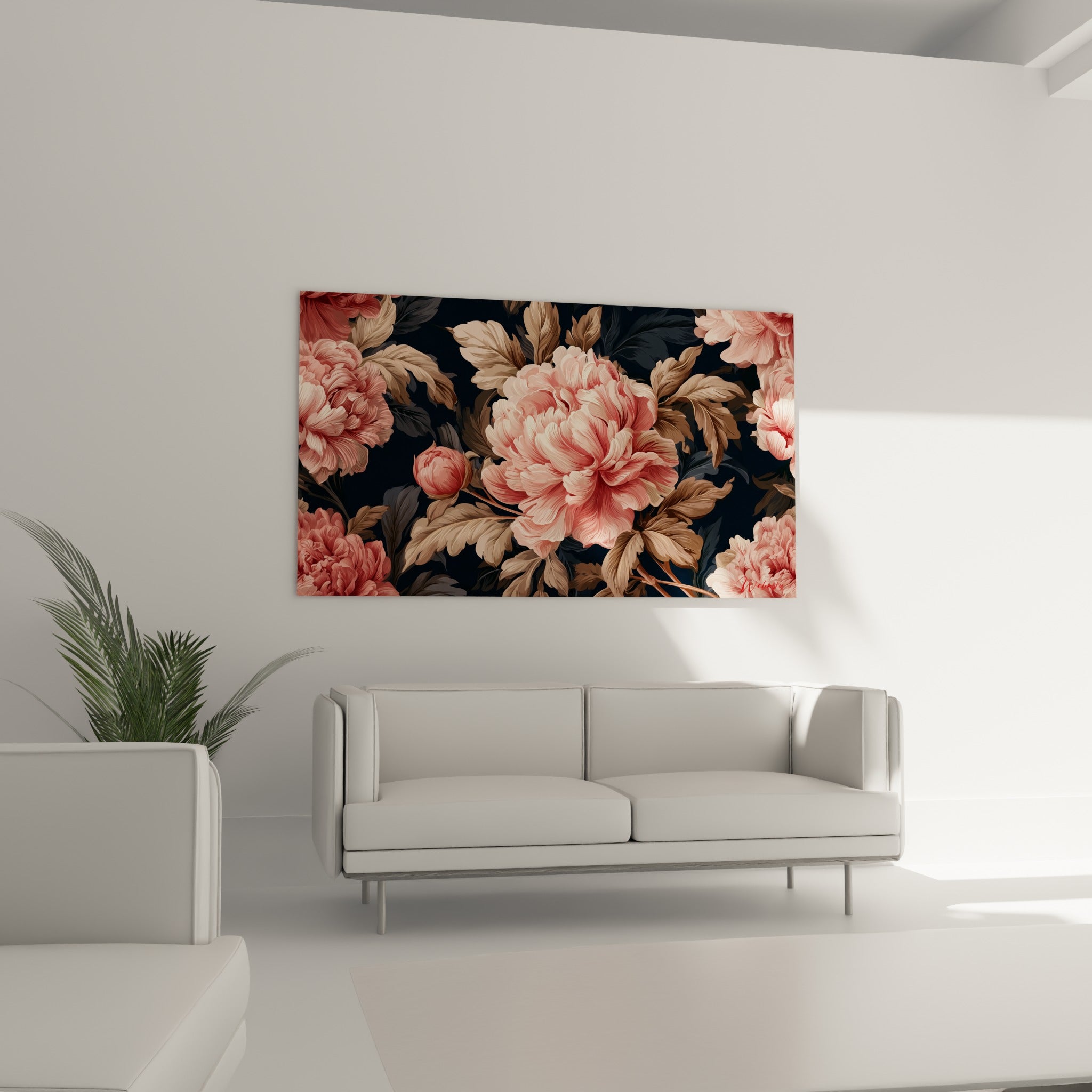 Fleurs de pivoine rose pâle et bourgeon fermé positionnés au-dessus d'un canapé dans un salon lumineux