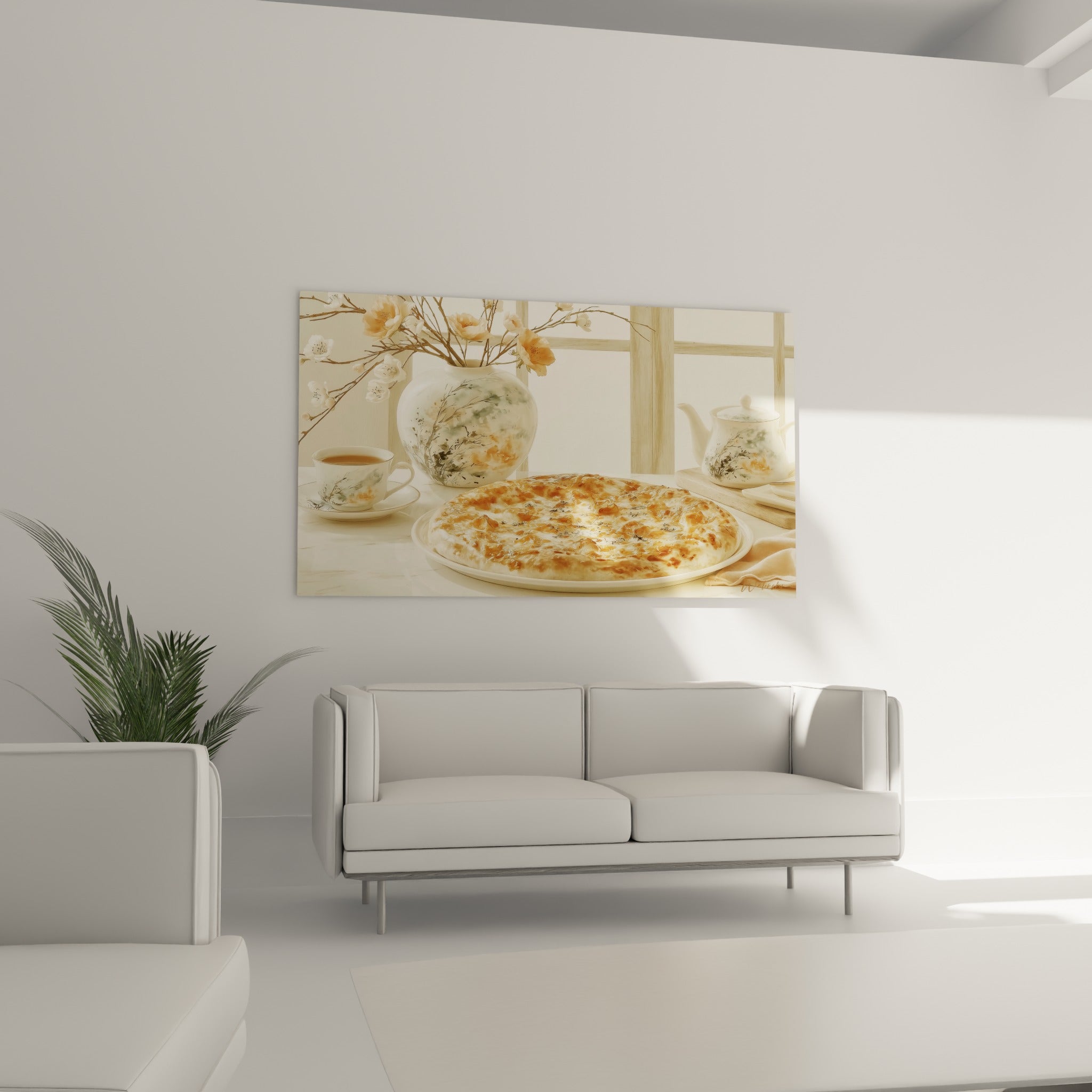 Nature morte gourmande aux tons ocre et beige au-dessus d'un canapé dans un salon lumineux