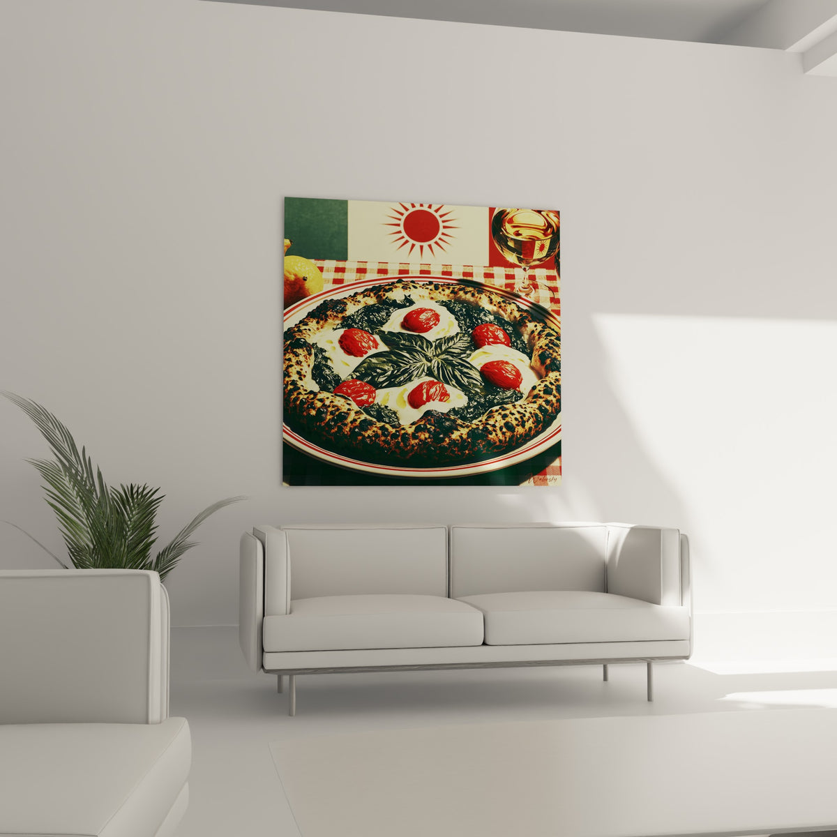 Pizza carbonisée garnie de basilic vert et mozzarella blanche, au-dessus d'un canapé dans un salon lumineux