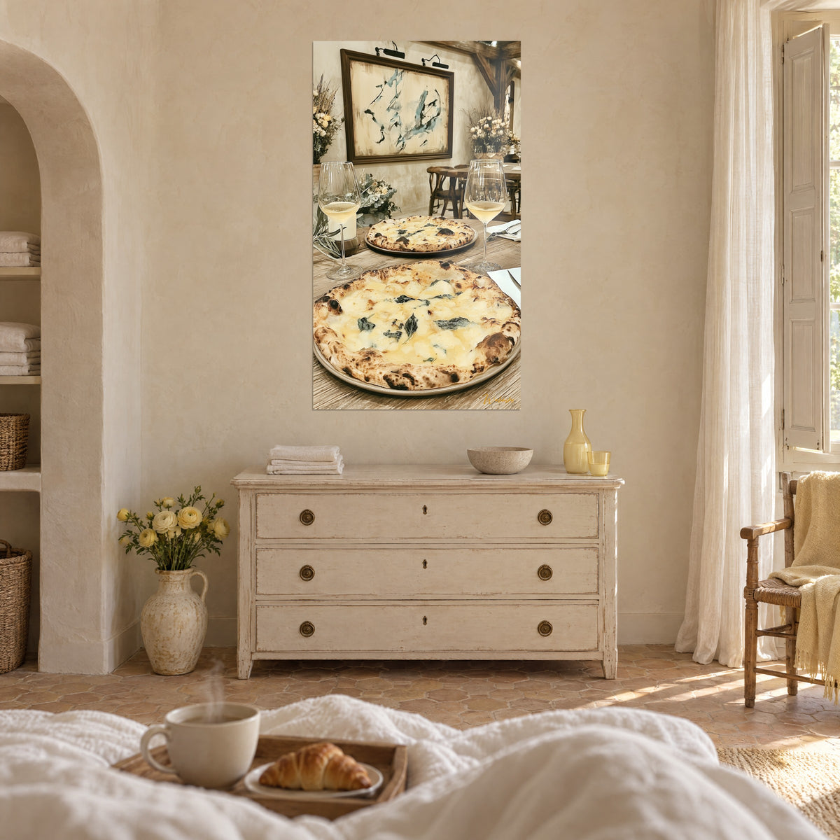 Wall art Neapolitan pizza with melted cheese, browned crust and dark green leaves, above a bed in a bright bedroom