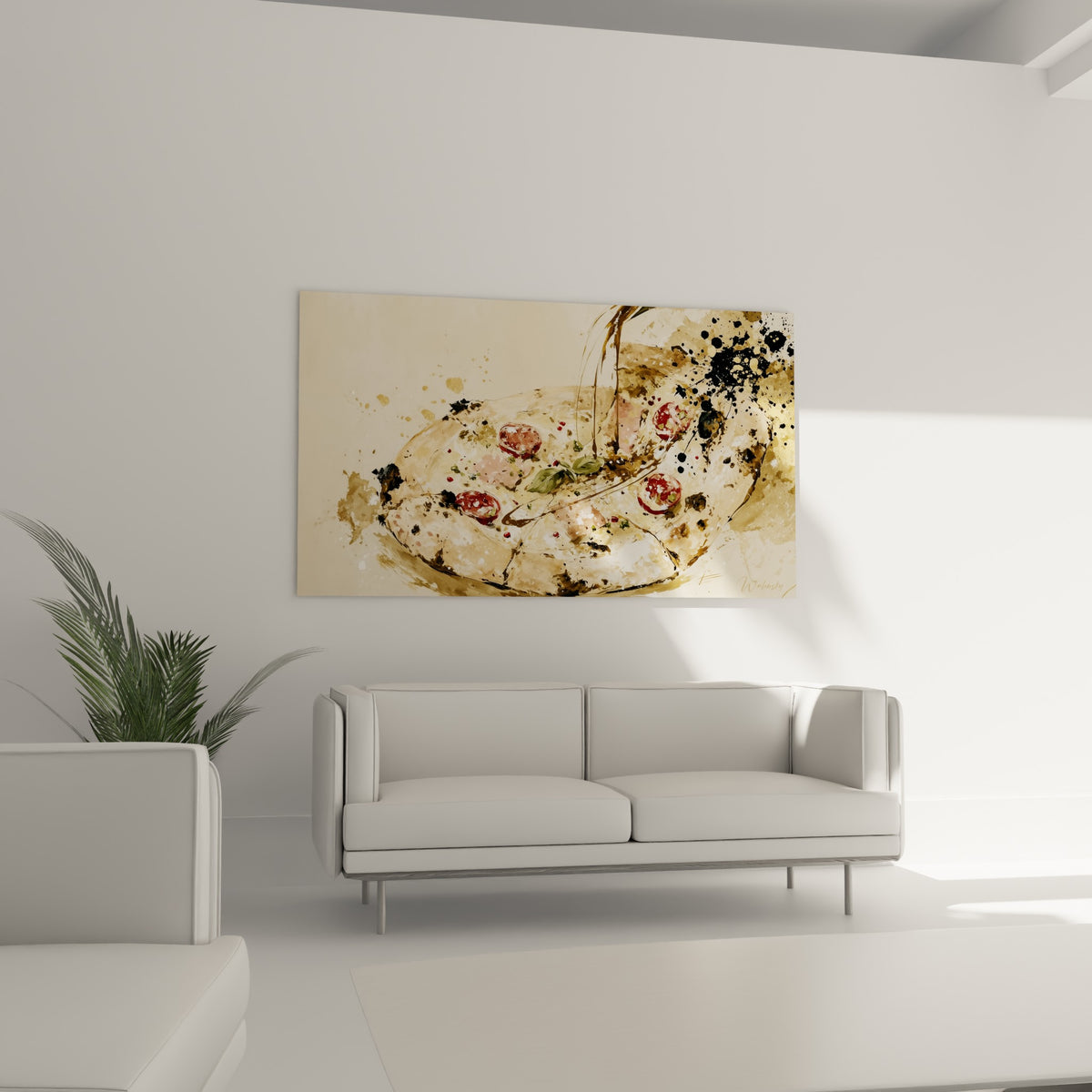 Coulures noires et tomates écarlates sur pizza artistique, au-dessus d'un canapé dans un salon lumineux