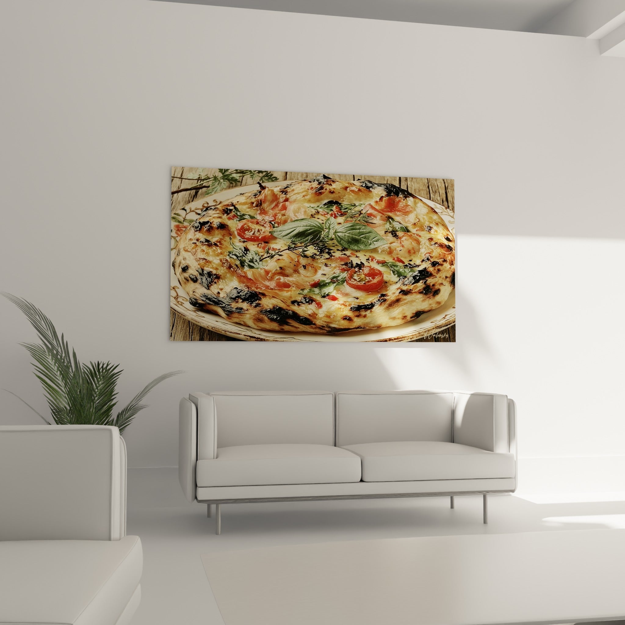 Pizza rustique croûte brûlée noir et or, tomates rouges et basilic frais, au-dessus d'un canapé dans un salon lumineux