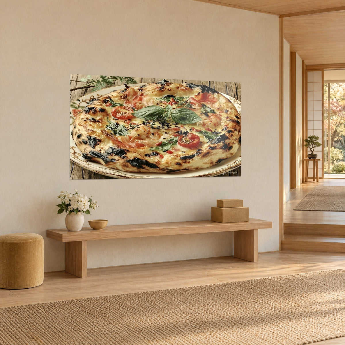 Tableau galette de pâte croustillante, crevettes roses, basilic vert, croûte brûlée noire et dorée, au mur d'un couloir japandi