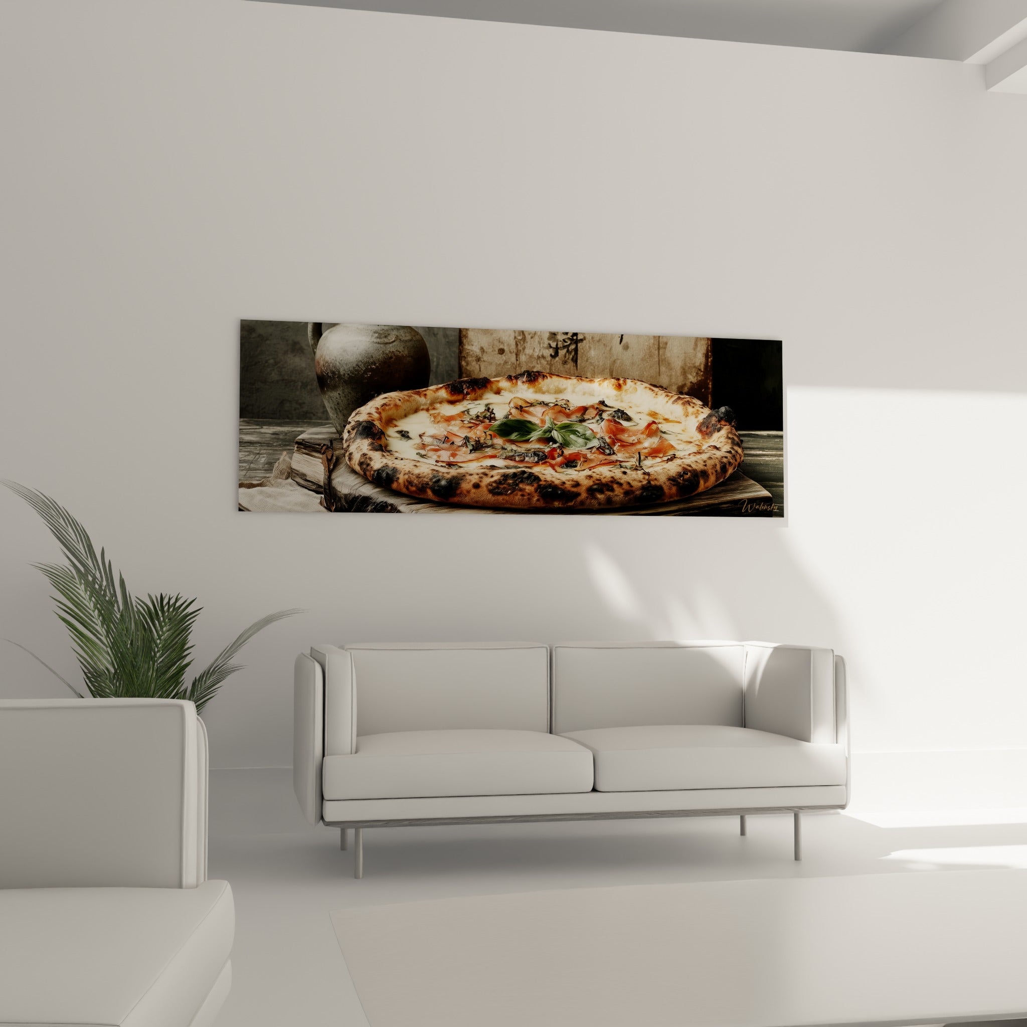 Pizza garnie de basilic vert et jambon rosé, croûte carbonisée, au-dessus d'un canapé dans un salon lumineux