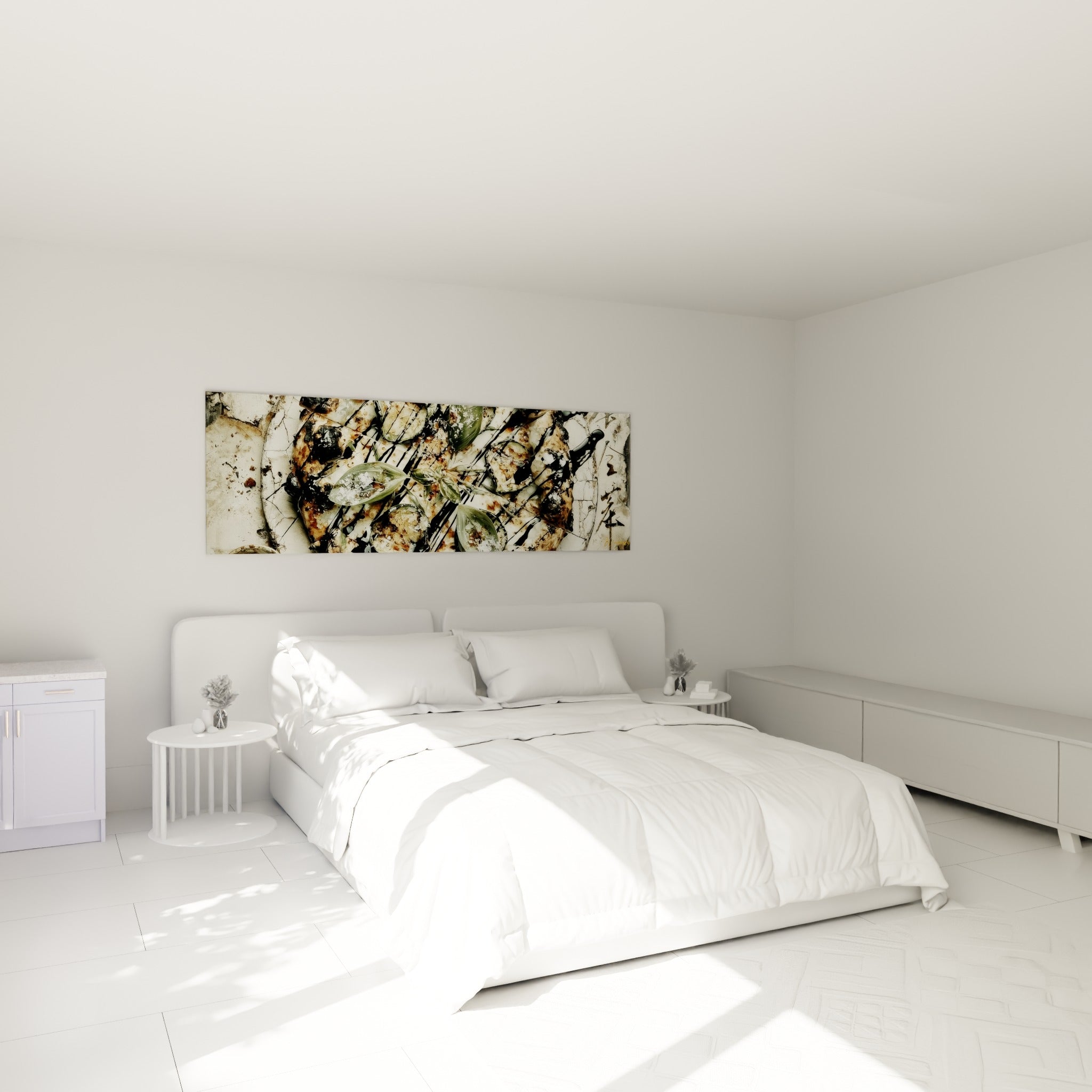 Croûte dorée et coulures anthracite composent cette pizza au-dessus d'un lit dans une chambre claire