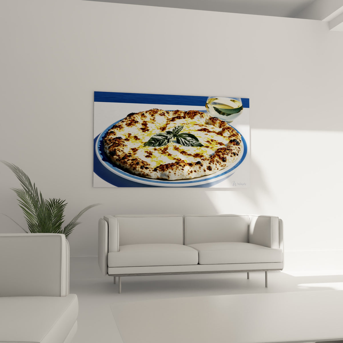 Croûte napolitaine ambrée et fromage blanc nappé d'huile, au-dessus d'un canapé dans un salon lumineux