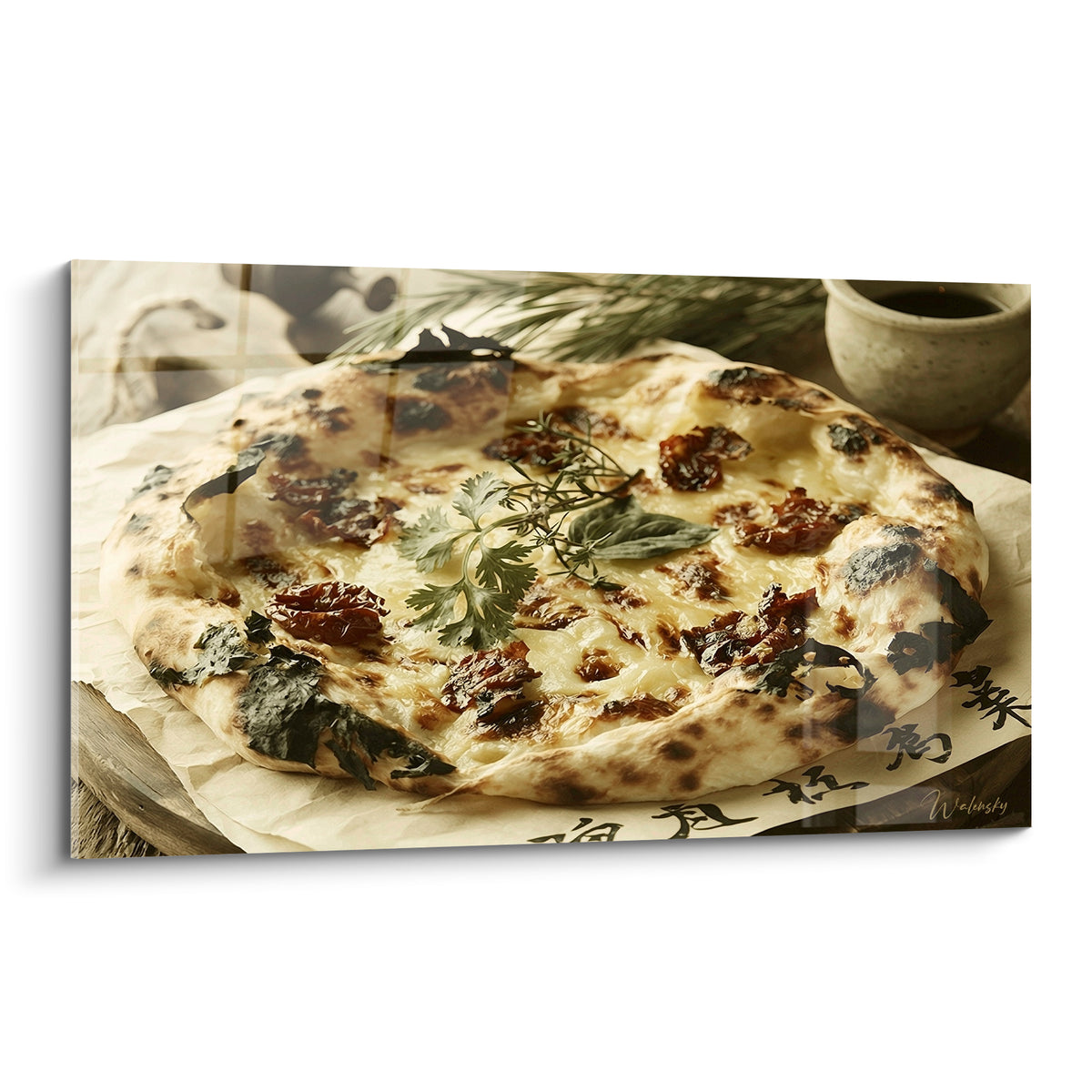 Pizza dorée aux tomates séchées et basilic vert sur papier calligraphié noir et crème