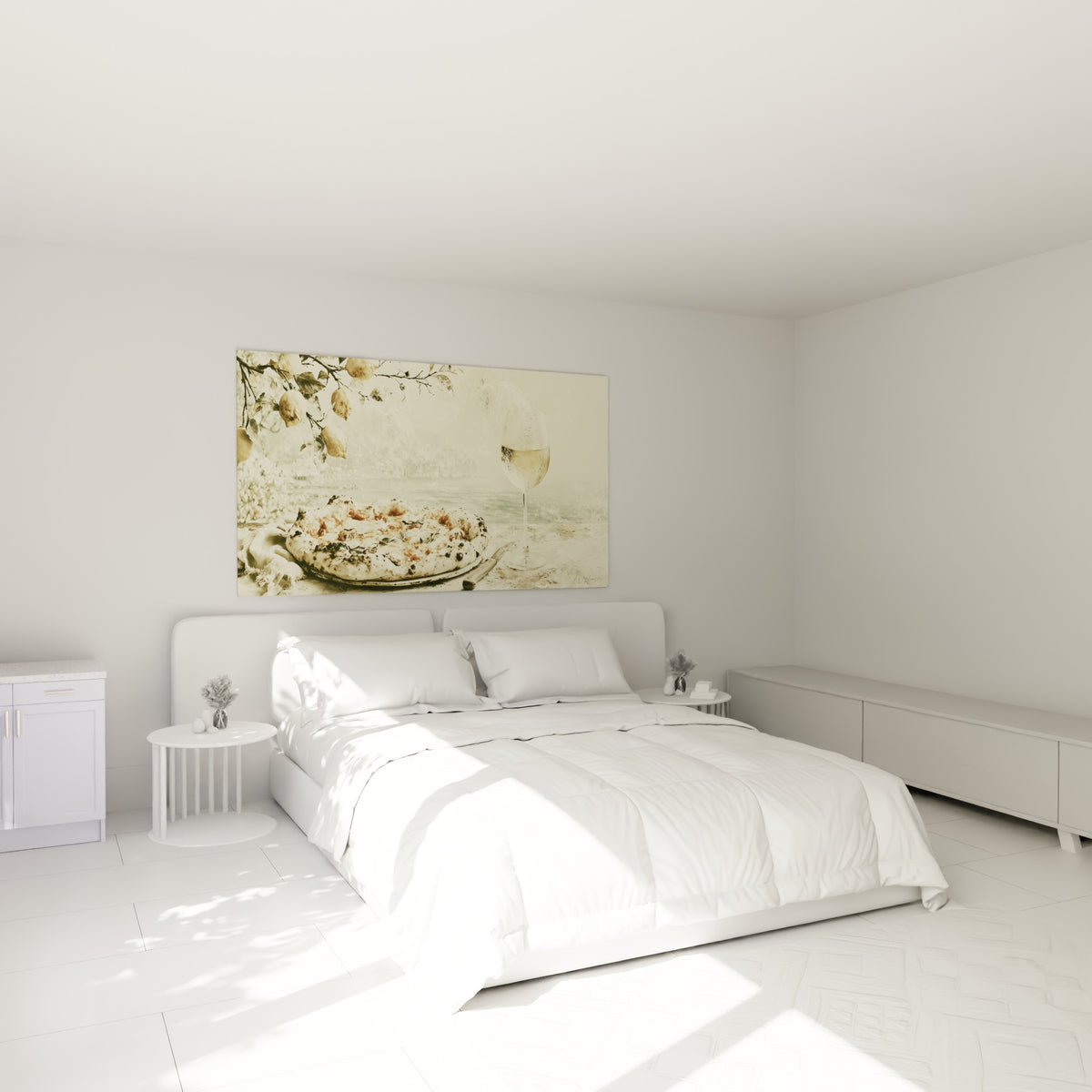 Pizza artisanale beige sable et citronnier accrochés au-dessus d'un lit dans une chambre claire