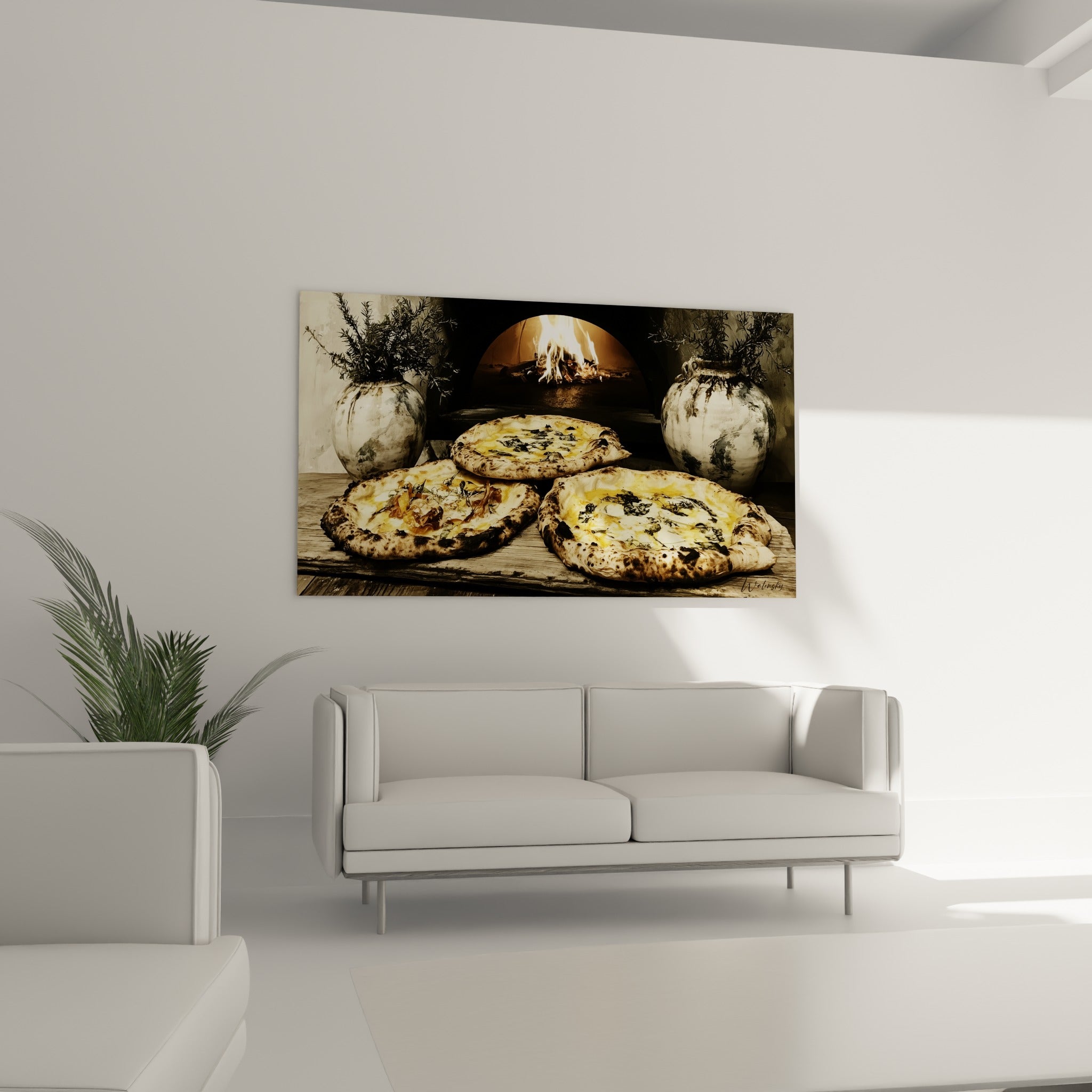 Croûtes carbonisées et fromage doré d'une scène de pizzeria au-dessus d'un canapé dans un salon lumineux