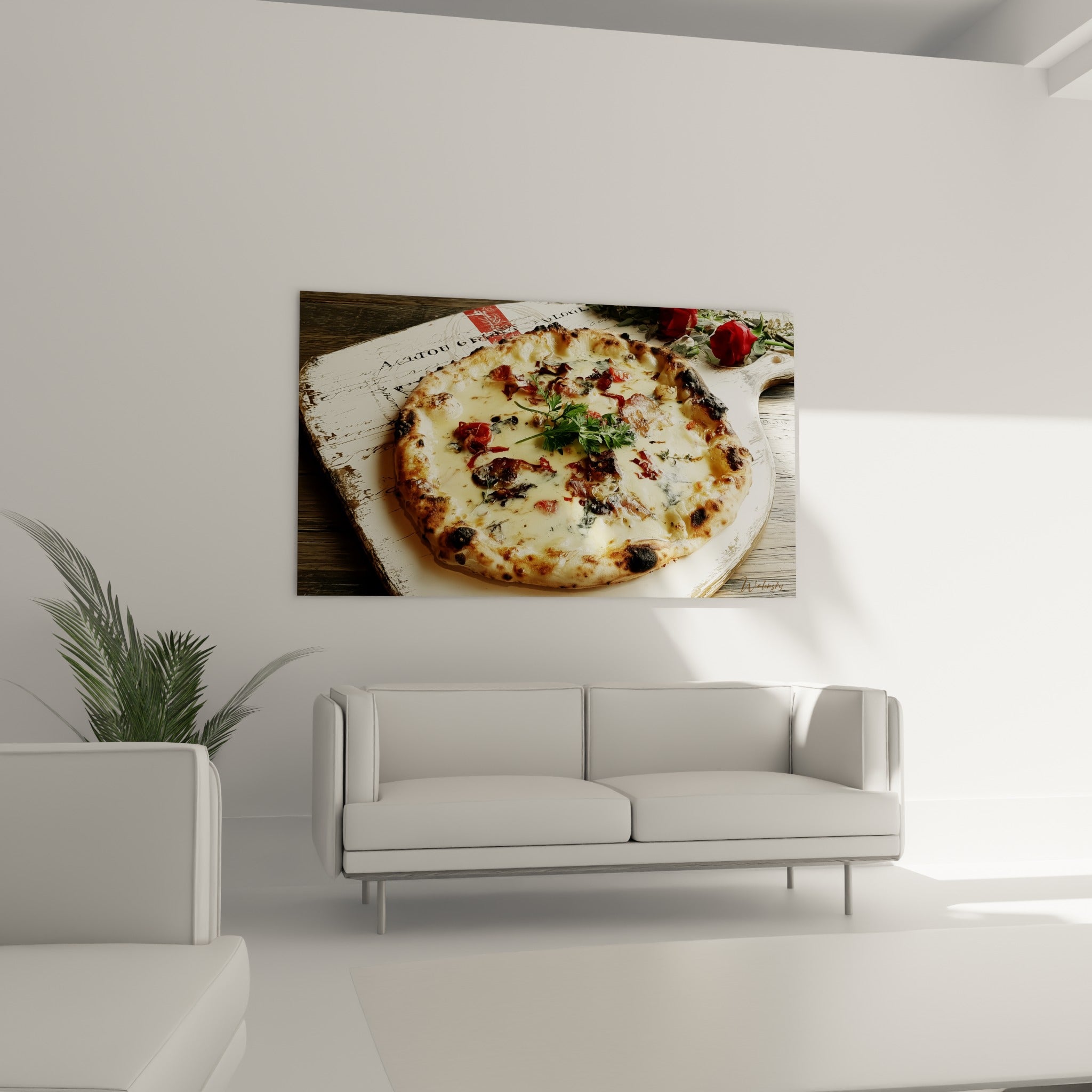 Herbes vertes et tomates rouges sur pizza dorée, au-dessus d'un canapé dans un salon lumineux