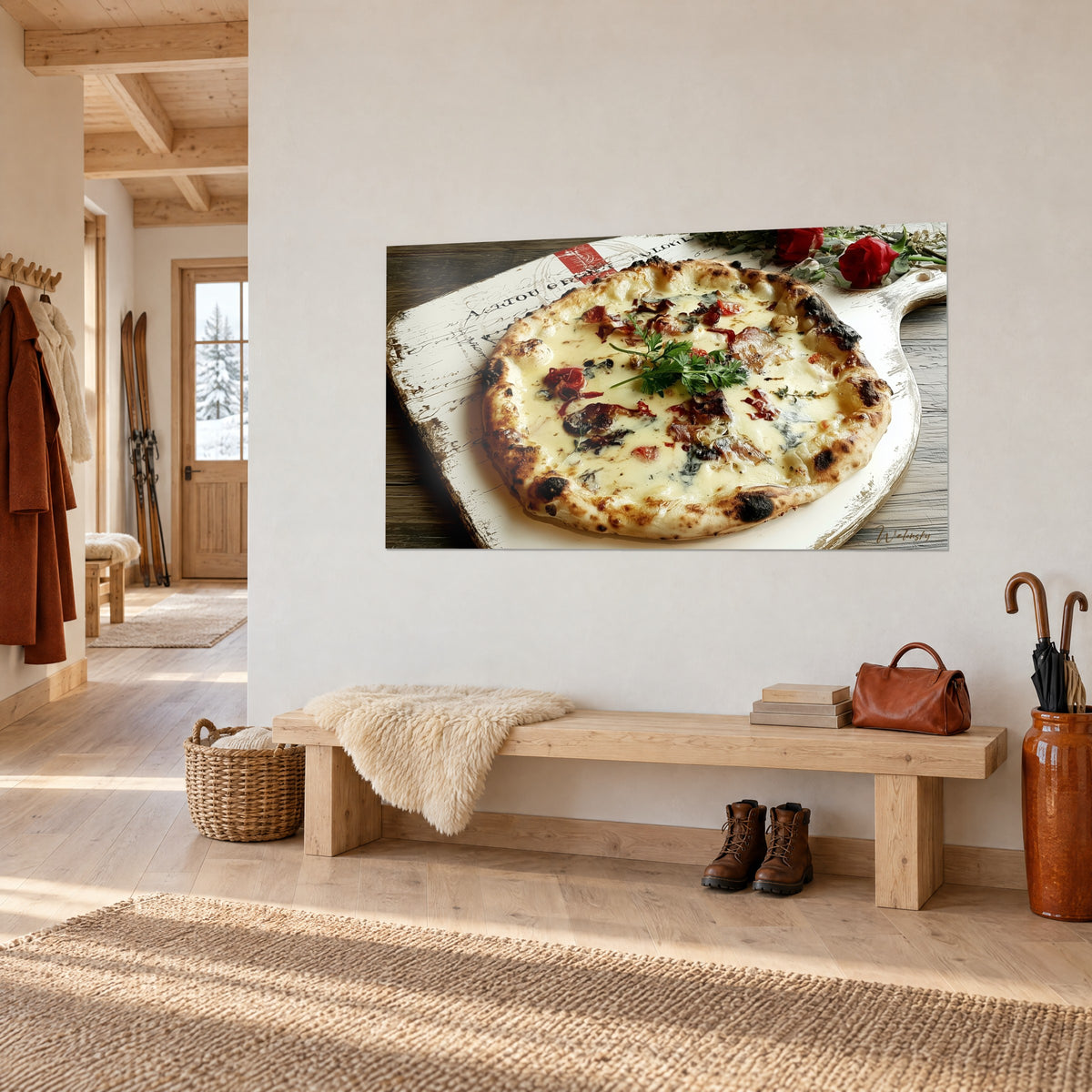 Quadro focaccia dorata su tavola bianca patinata, prezzemolo fresco, pomodorini rossi, di tre quarti in un corridoio di chalet