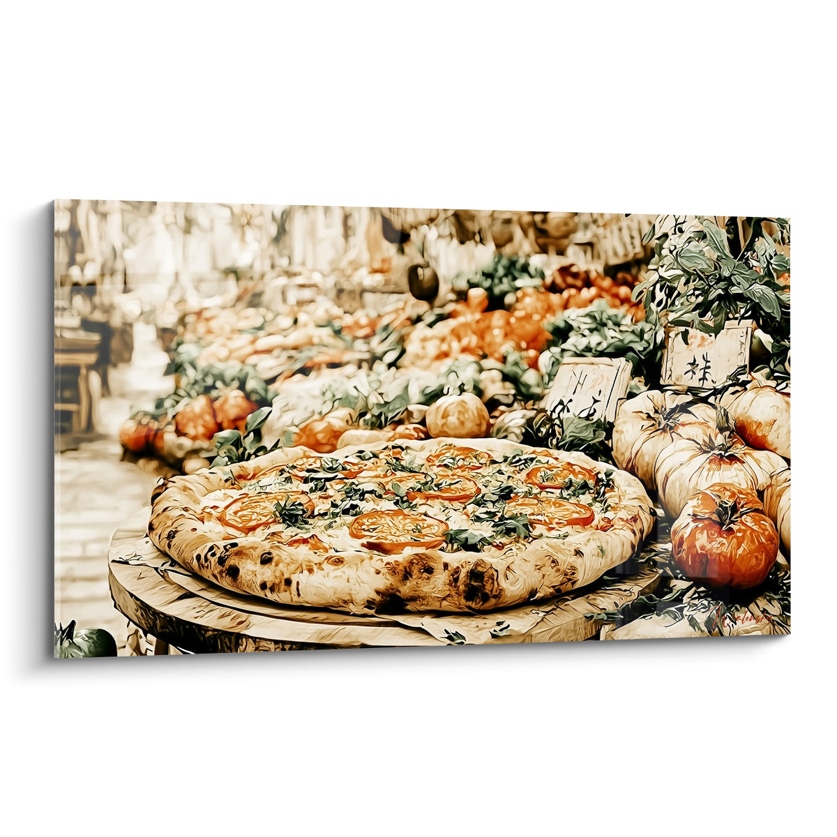 Pizza margherita dorée aux tomates rouges et basilic vert sauge sur étal en bois