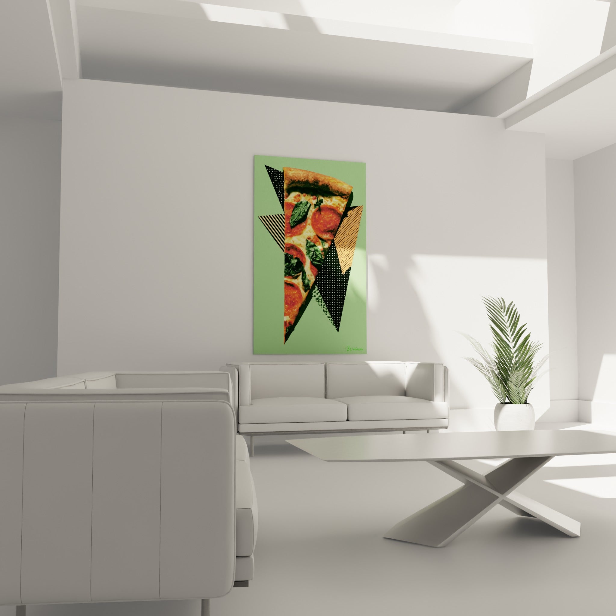 Collage pop pizza basilic aux triangles noirs à pois placé au-dessus d'un canapé dans un salon lumineux
