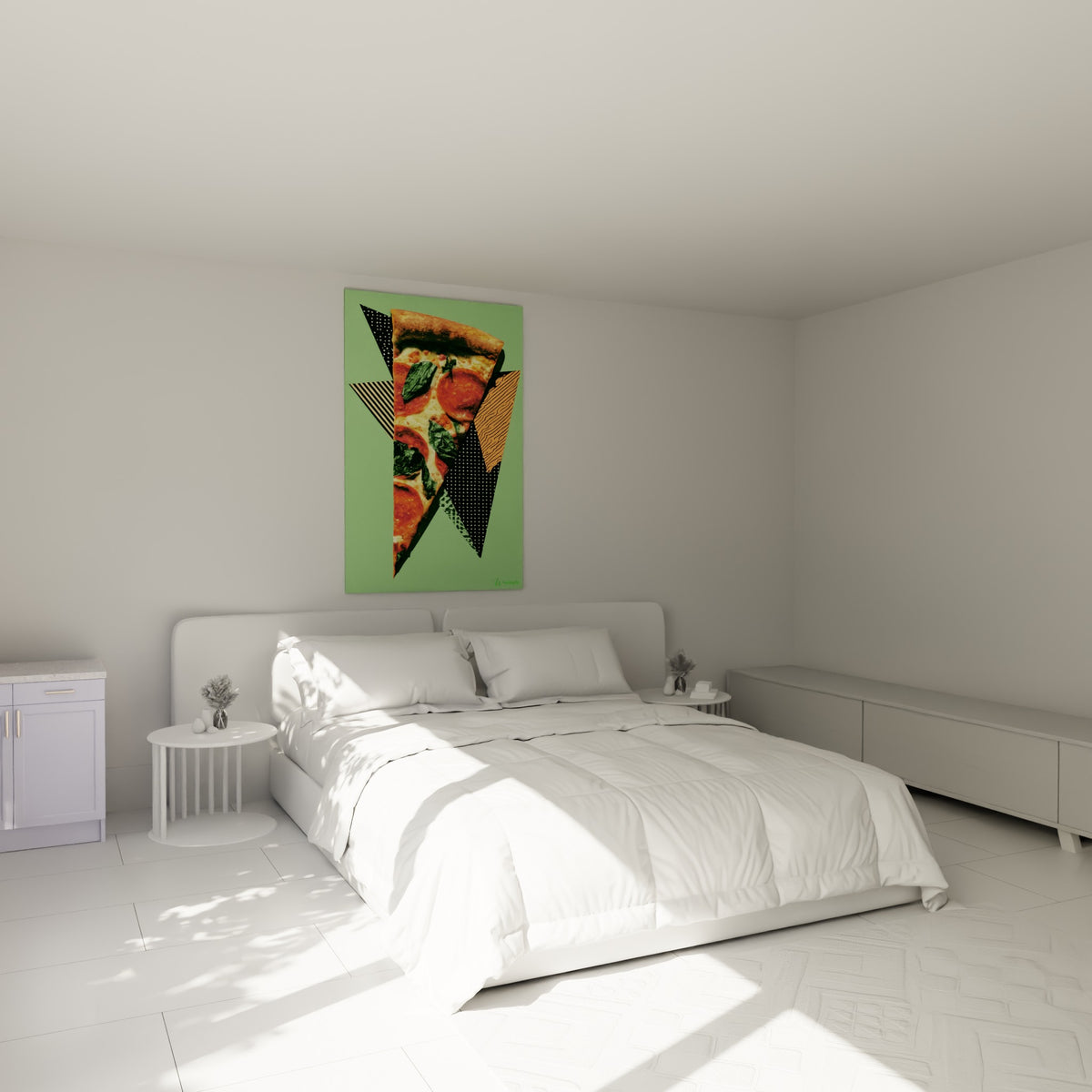 Pizza pepperoni graphique en vert et orange accrochée au-dessus d'un lit dans une chambre claire