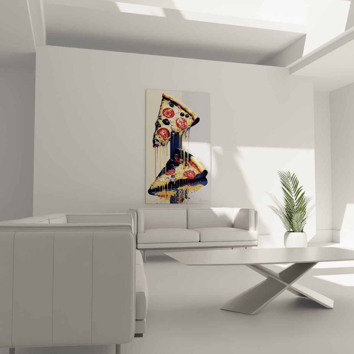 Pizza pepperoni fondue en jaune doré et rouge vif au-dessus d'un canapé dans un salon lumineux