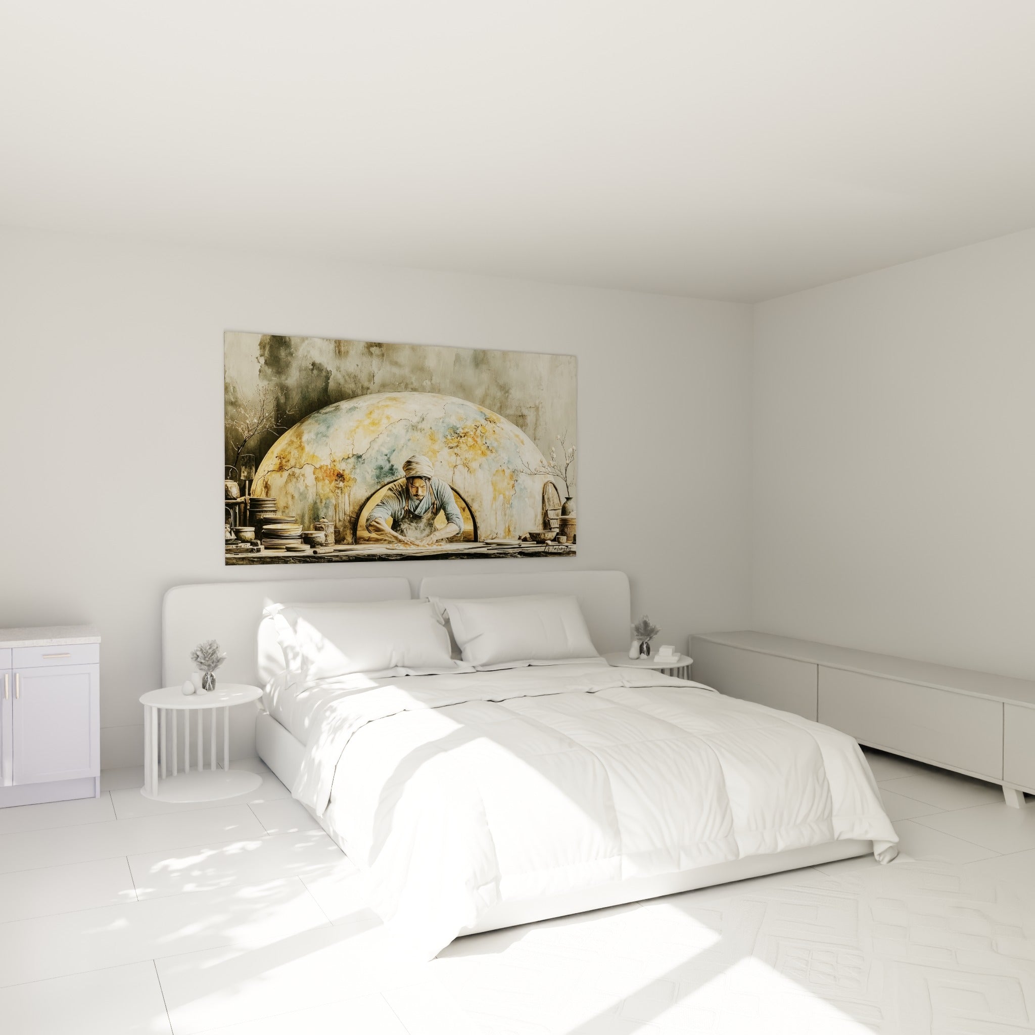 Artisan concentré façonnant sa pâte en bleu et ocre, accroché au-dessus d'un lit dans une chambre claire