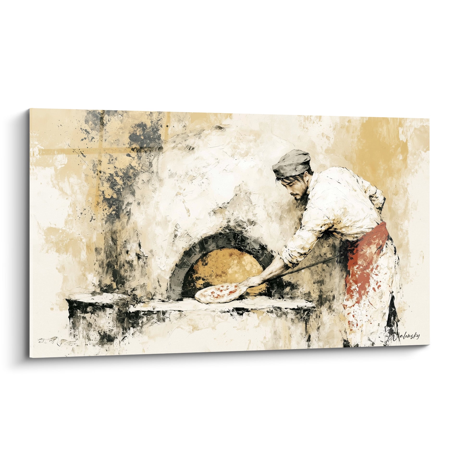 Pizzaïolo en blanc et tablier rouge brique glissant une pâte dans un four ocre