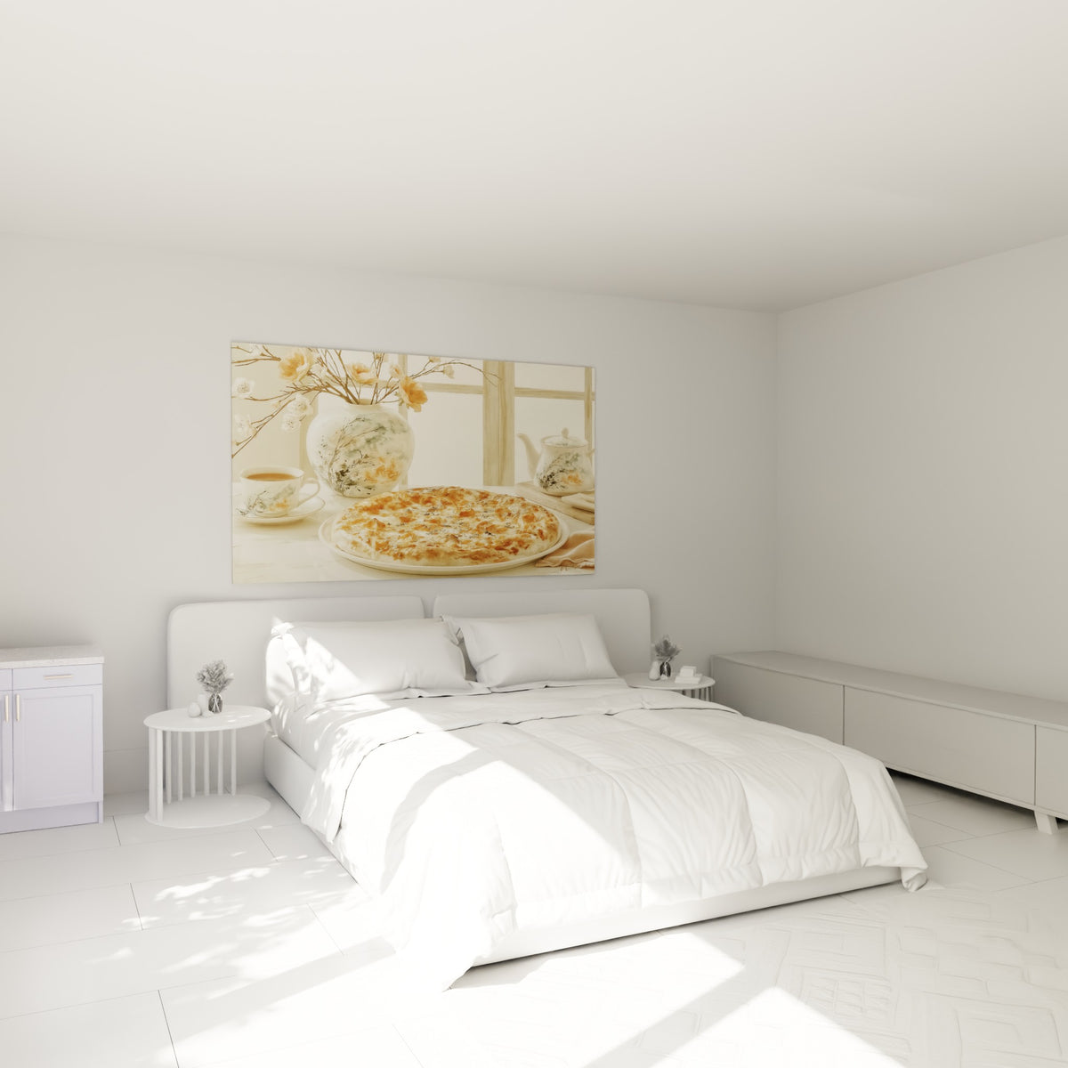Pizza ambrée et théière fleurie peintes au-dessus d'un lit dans une chambre claire