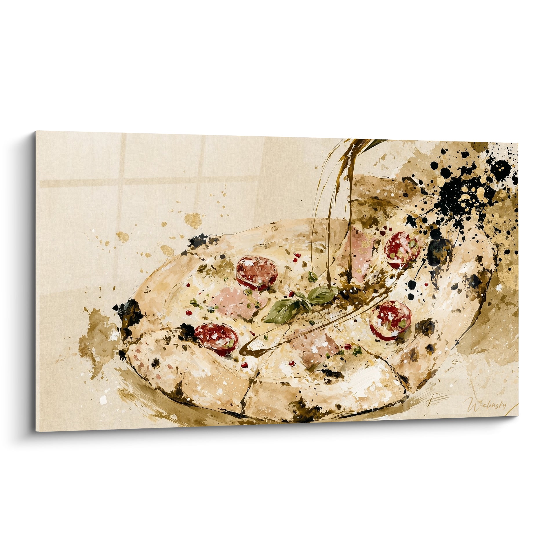 Pizza beige garnie de tomates rouges et éclaboussures anthracite, style aquarelle expressive