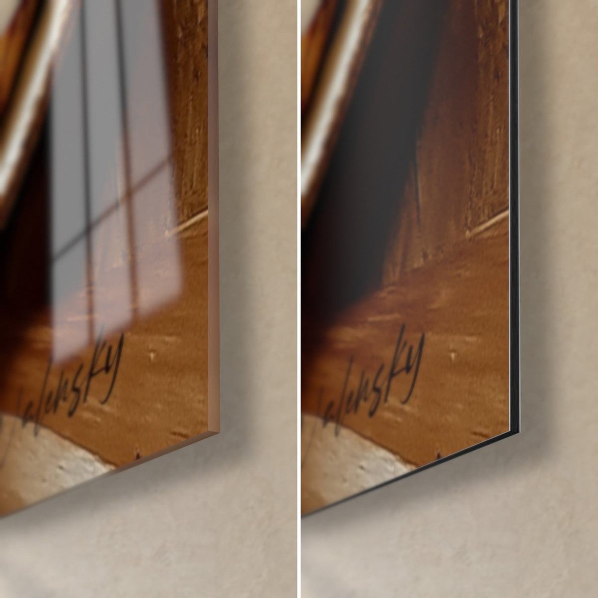 Schilderij champignonpizza, rechtsonder: glanzend acrylglas dat licht weerkaatst, mat bruin Dibond-aluminium, dikte 3 mm
