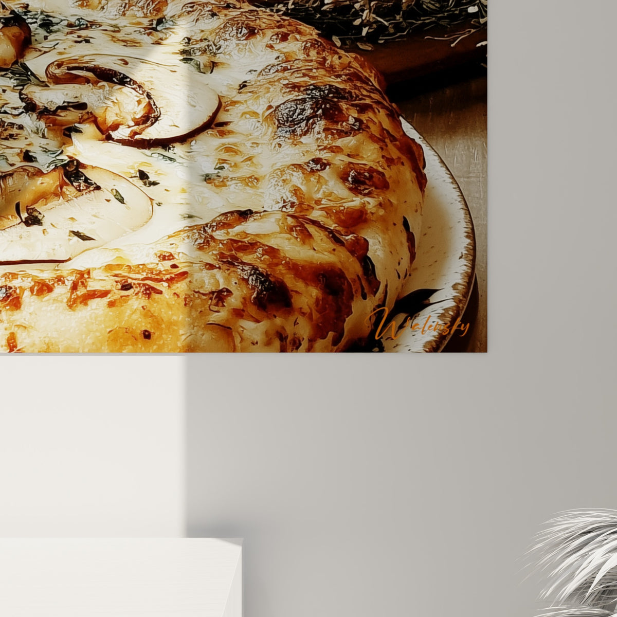 Grain de la croûte torréfiée et coulures de fromage doré, herbes anthracite visibles en détail sur la toile.