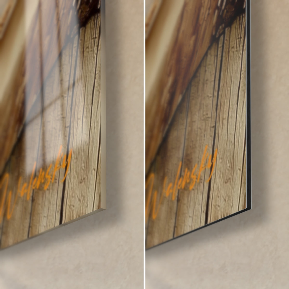 Tableau pizza dorée, coin bas droit : verre acrylique brillant à gauche, alu Dibond noir mat à droite, planche de bois patinée