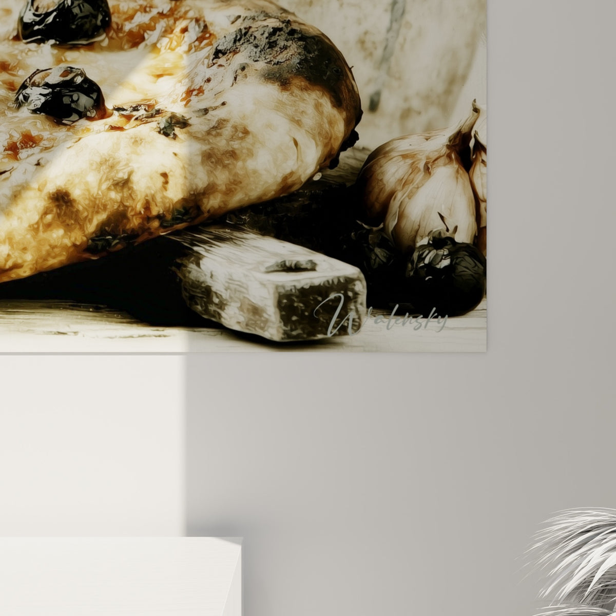Grain de la peinture révélant les empâtements beige et anthracite de la croûte de pizza et ses coulures d'encre