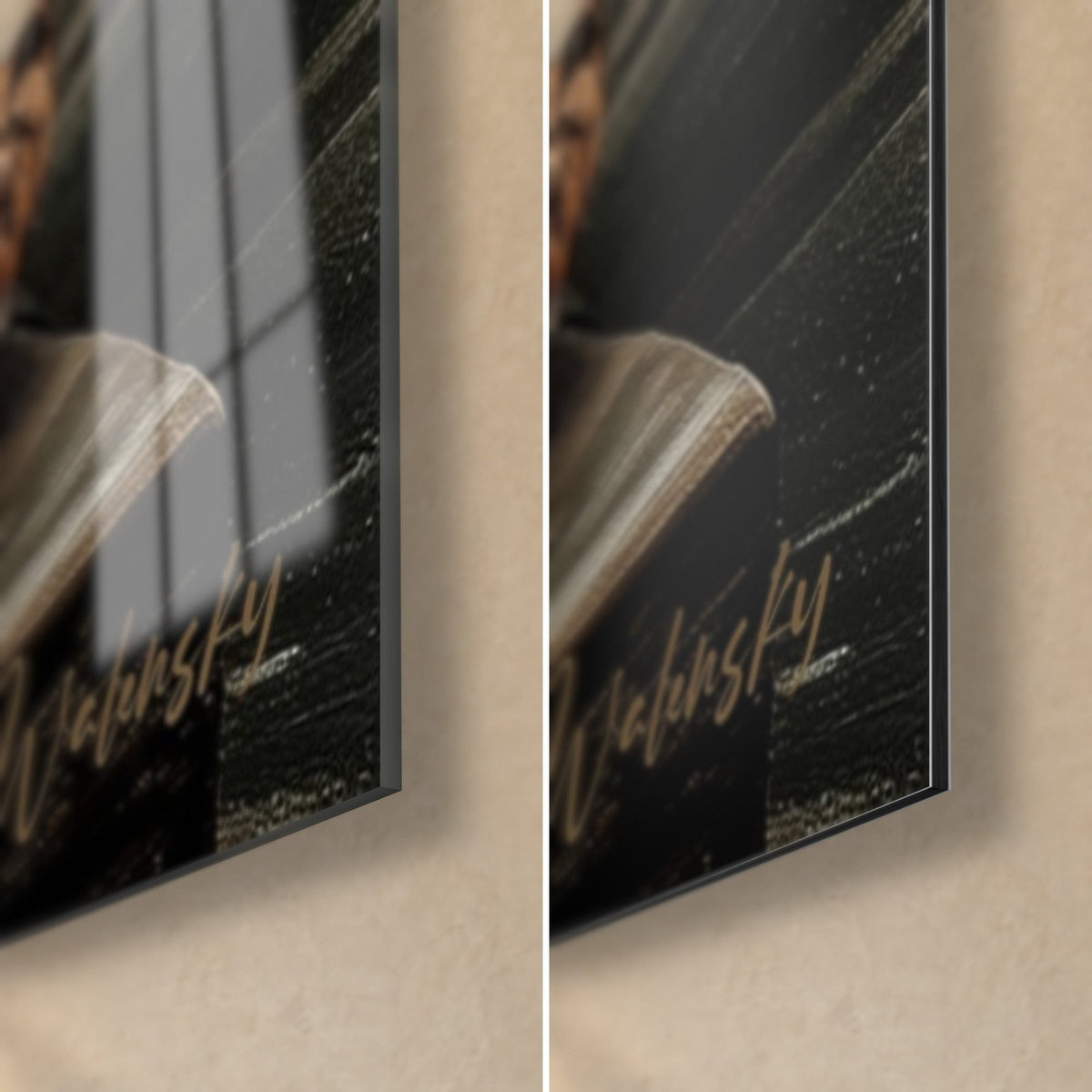 Wall art White pizza with prosciutto, bottom right corner, glossy acrylic glass and matte black Dibond, 3 mm thick