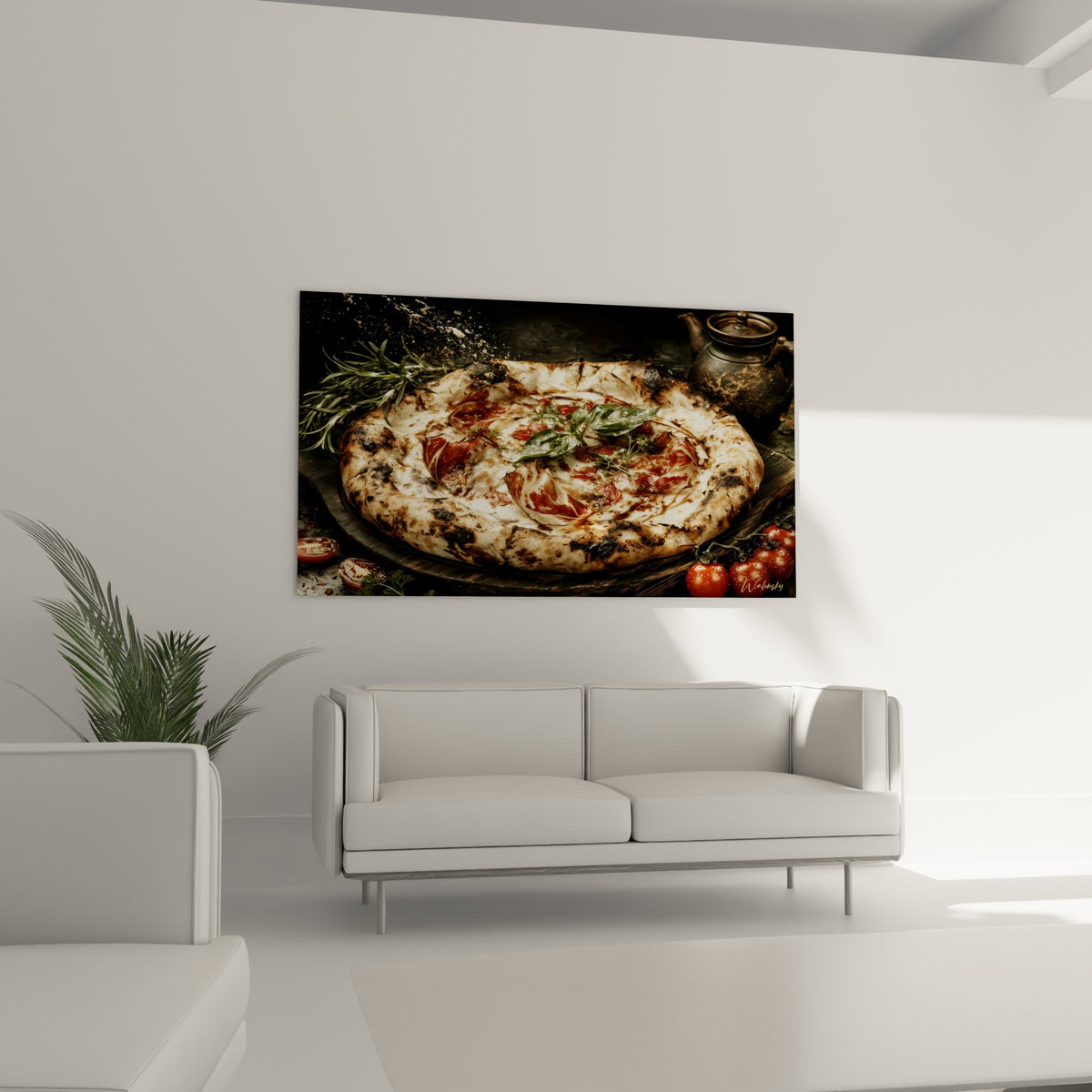 Tomates cerises rouges et jambon cru ornant une pizza rustique au-dessus d'un canapé dans un salon lumineux