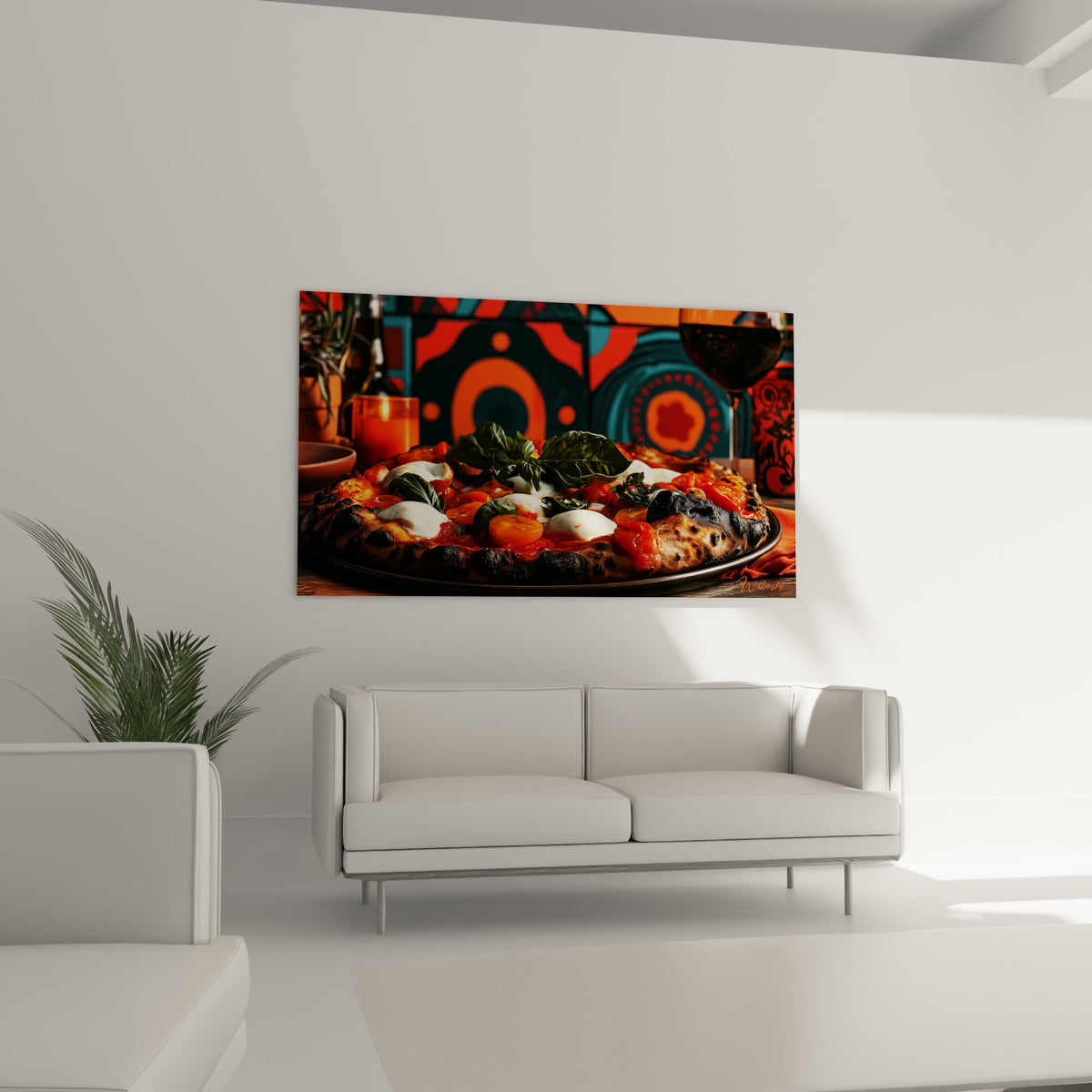 Tomates cerises orangées et sauce rouge sur pizza artisanale, au-dessus d'un canapé dans un salon lumineux