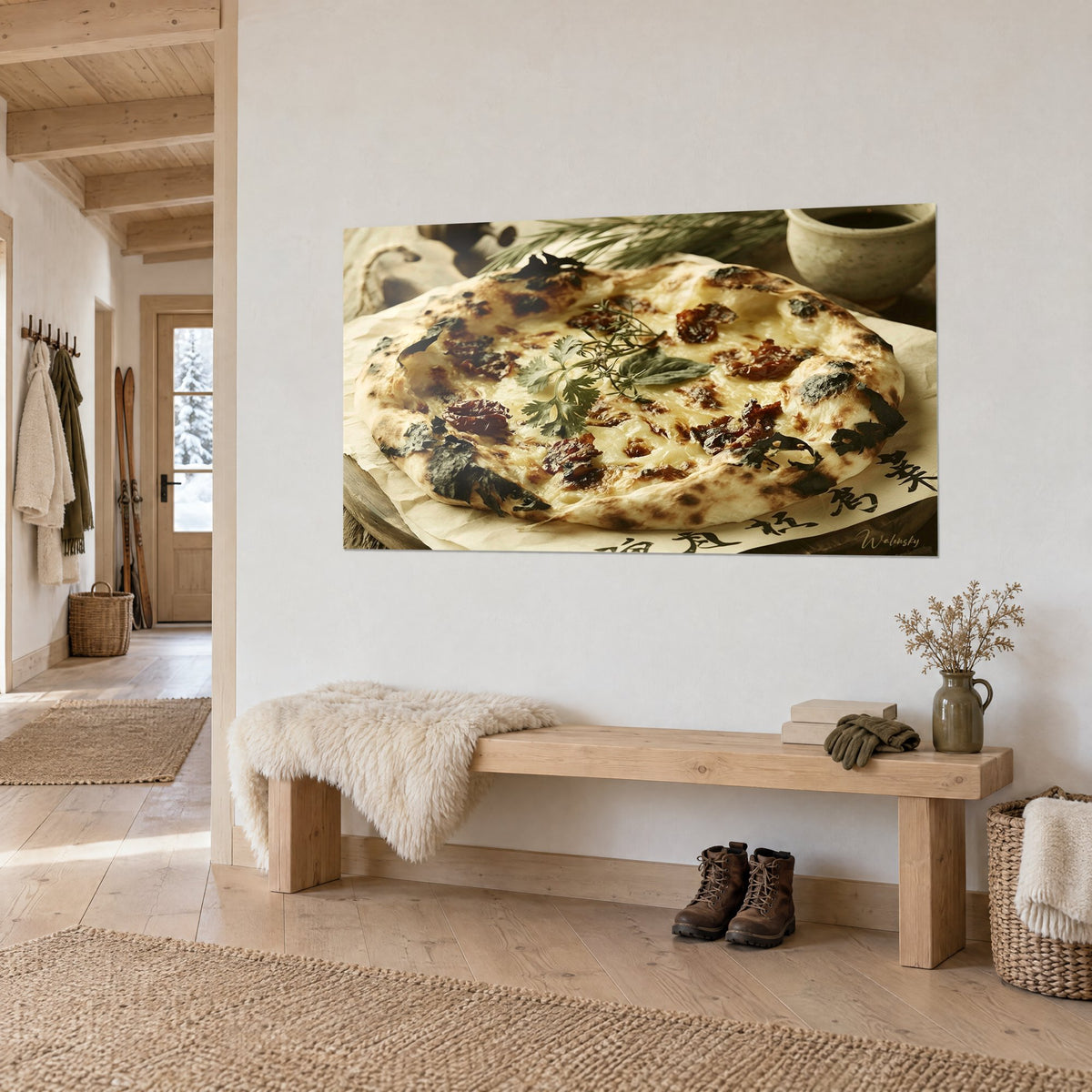 Gemälde aufgegangenes Focaccia mit goldener Kruste und braunen Sprenkeln, grüne Petersilienzweige, Holzbank und Schaffell im Eingang eines Chalets