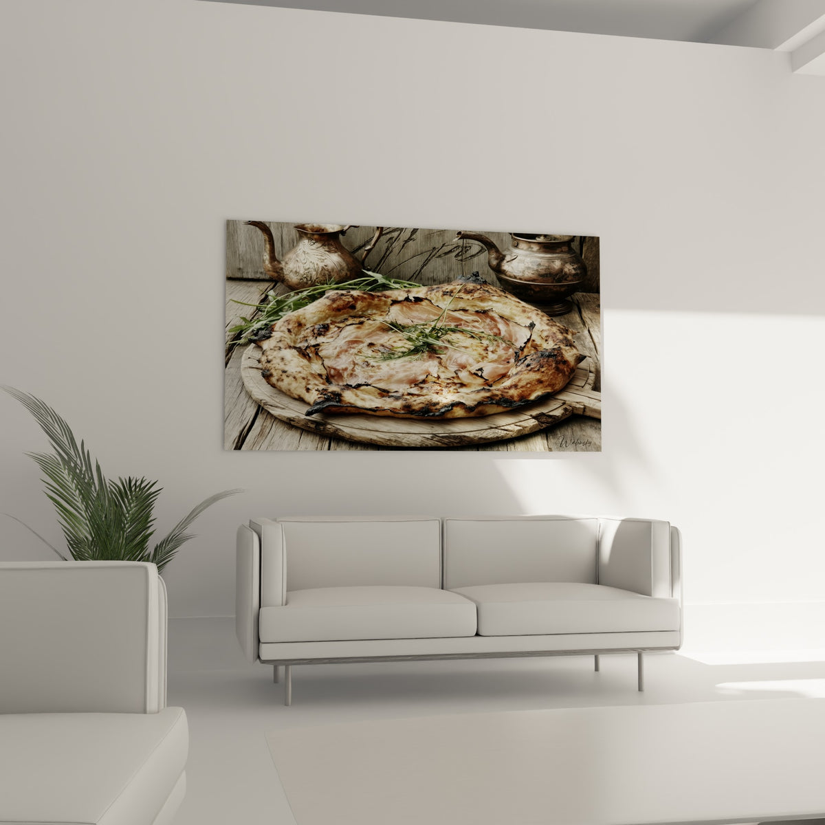 Croûte brune et roquette fraîche d'une pizza artisanale au-dessus d'un canapé dans un salon lumineux