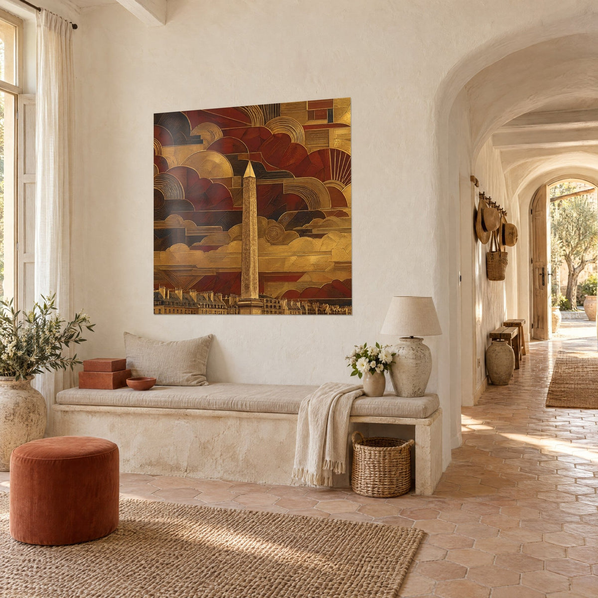 Wall art golden pharaonic monument, ornate copper and burgundy clouds, whitewashed wall and arched doorway of a farmhouse, three-quarter view