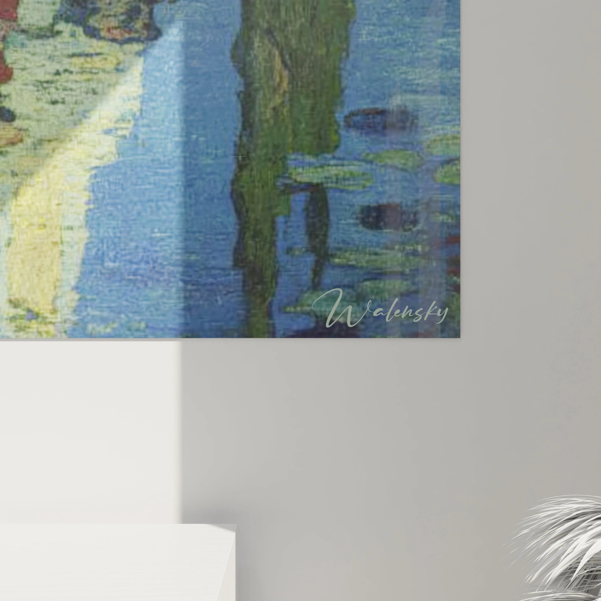 Détail de tableau post impressionniste foule silencieuse signé Walensky montrant eau, nénuphars et texture de toile