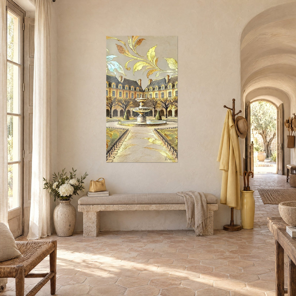 Wall art sketched Place des Vosges, ochre brick pavilions and grey slate roofs, in the vaulted entrance of a farmhouse